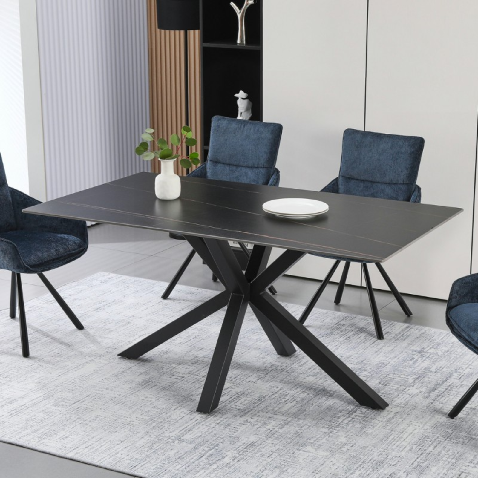Tavolo da pranzo fisso piano in ceramica effetto marmo gambe in metallo 160x90 - Hunte