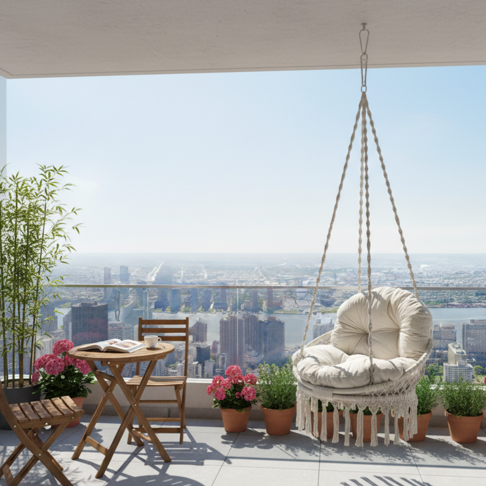 Sedia dondolo sospesa in cotone con cuscino imbottito ecrù - Guelta