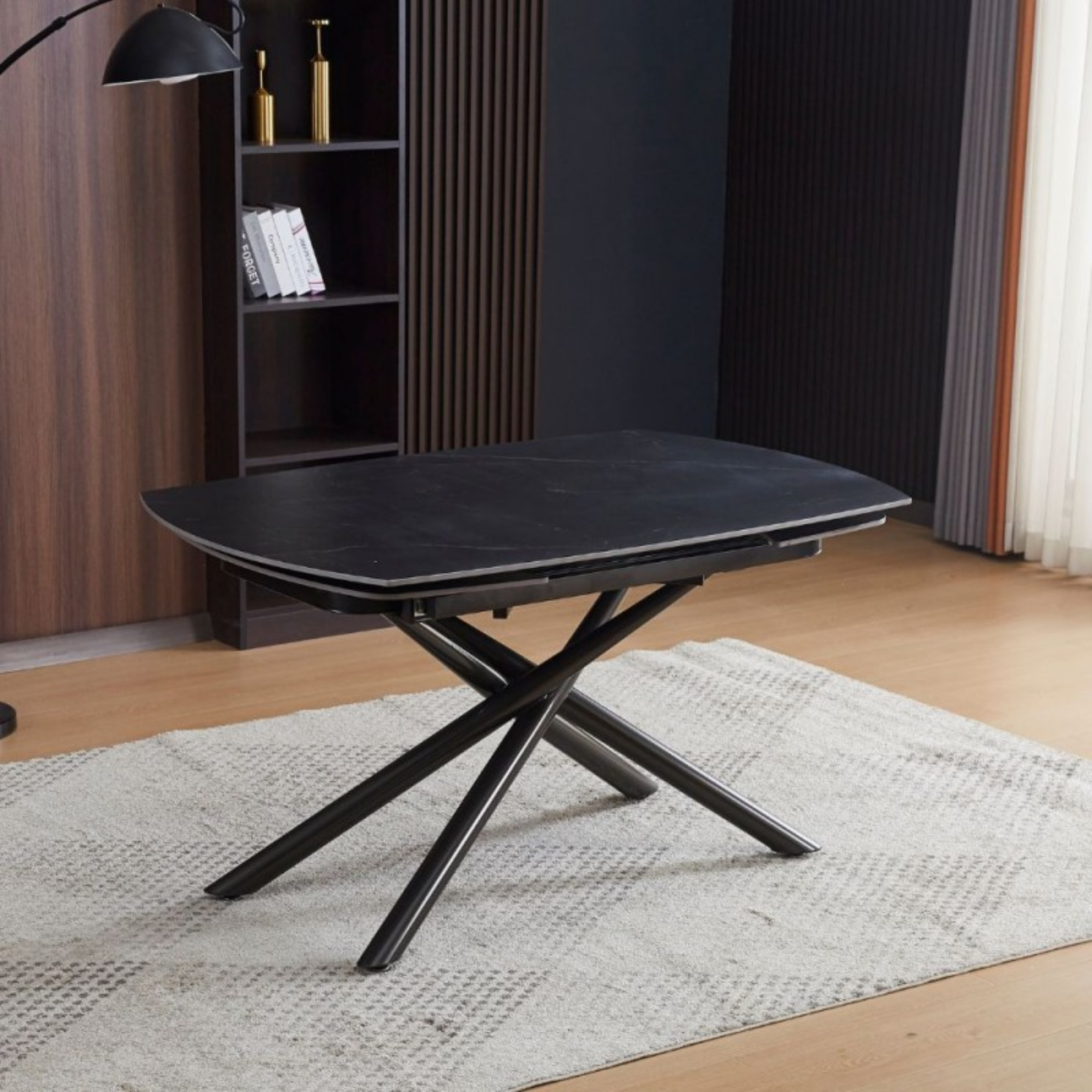 Tavolo da pranzo girevole piano in cermica effetto marmo gambe in metallo 140x200x90 cm- Astrid