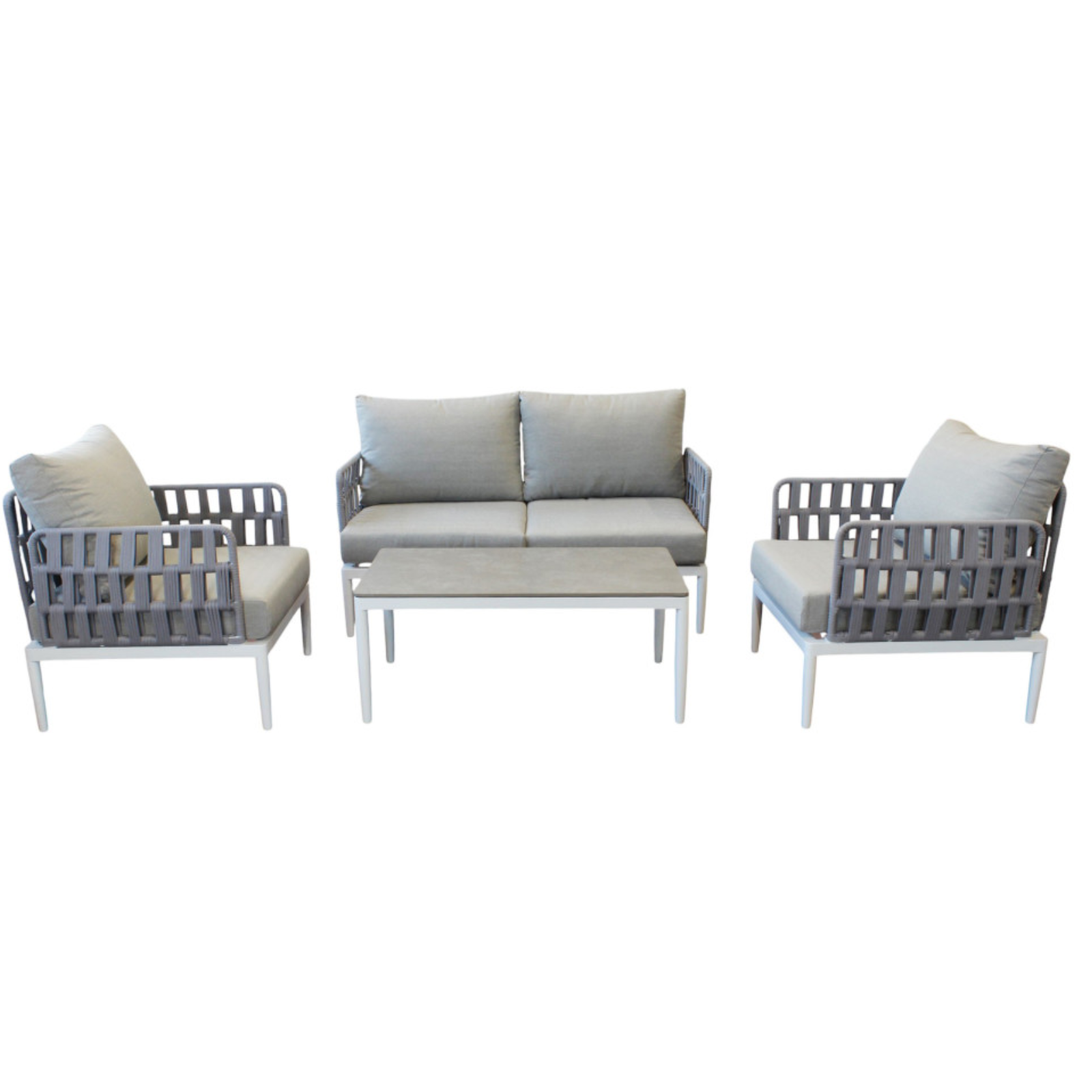 Salottino da esterno in alluminio con rivestimento corda pvc e cuscini 4 posti - John