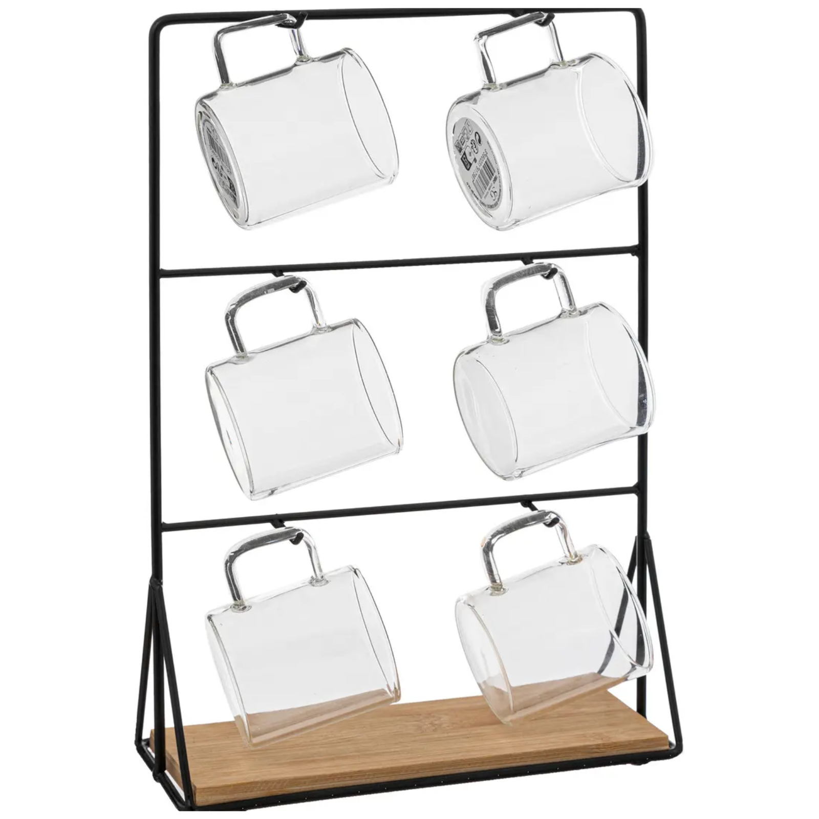 Set 6pz tazzine da caffe in vetro con supporto in metallo e legno