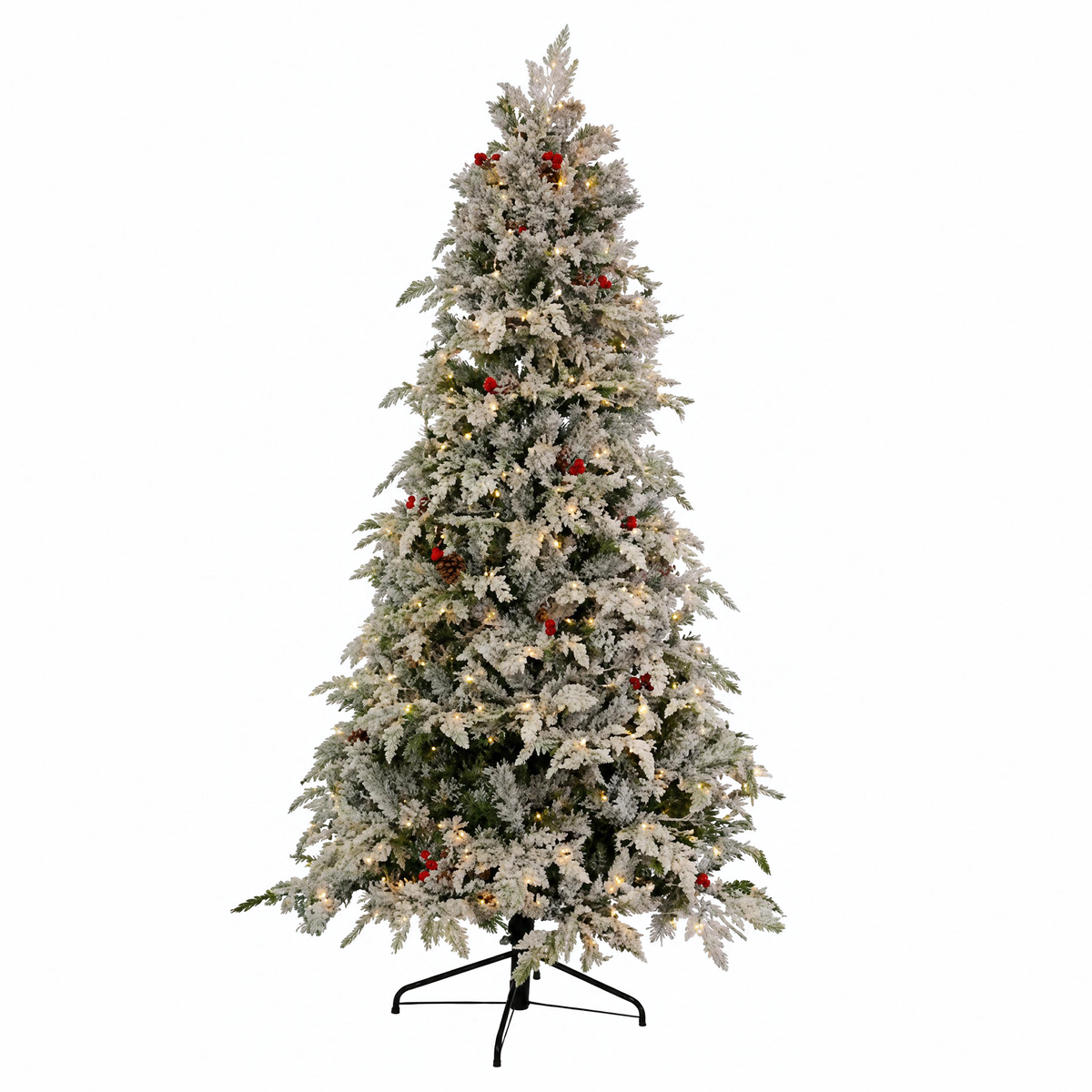 Albero di natale floccato in PE e PVC con pigne bacche e luci led - Sole
