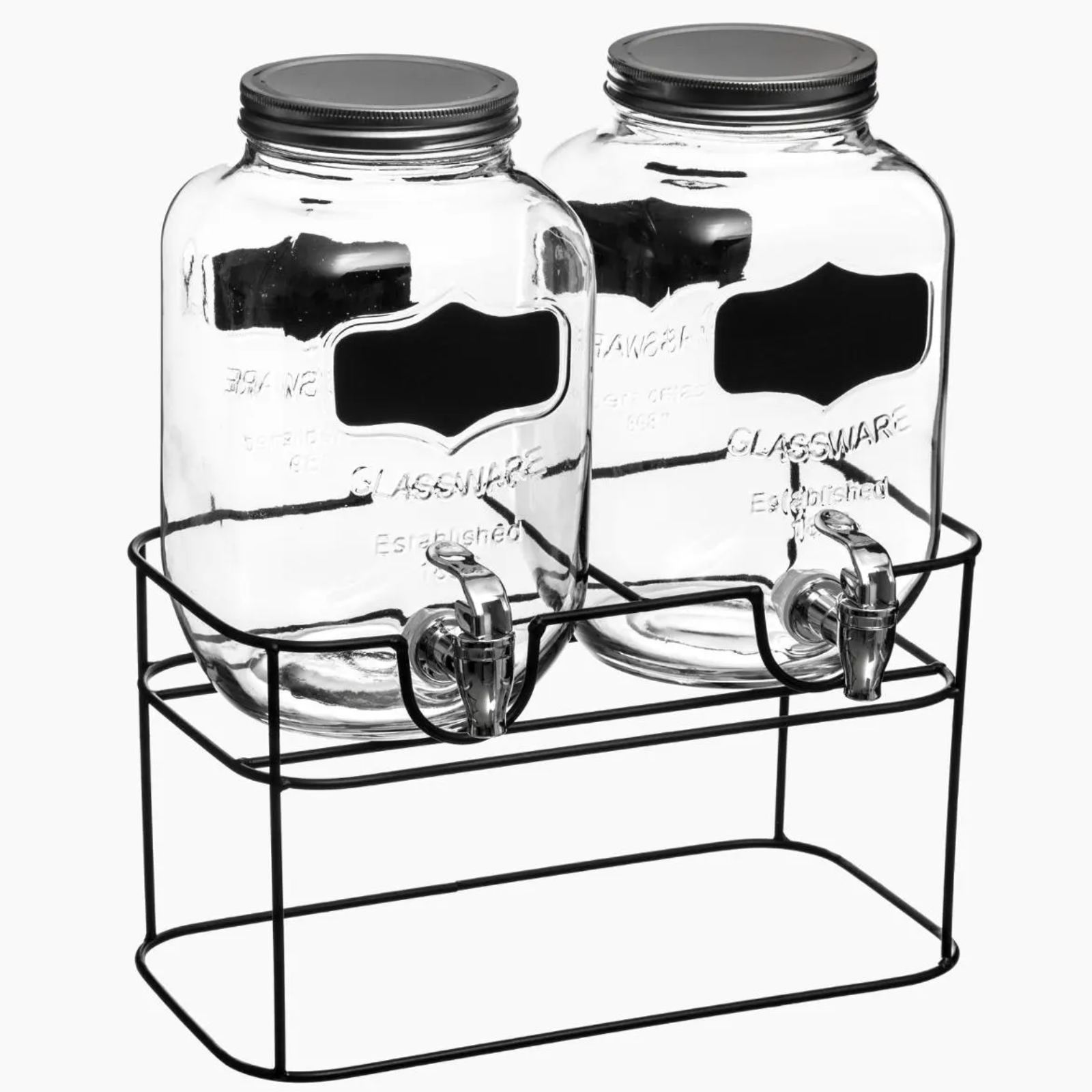 Dispenser in vetro con rubinetto set 2 pz supporto in metallo