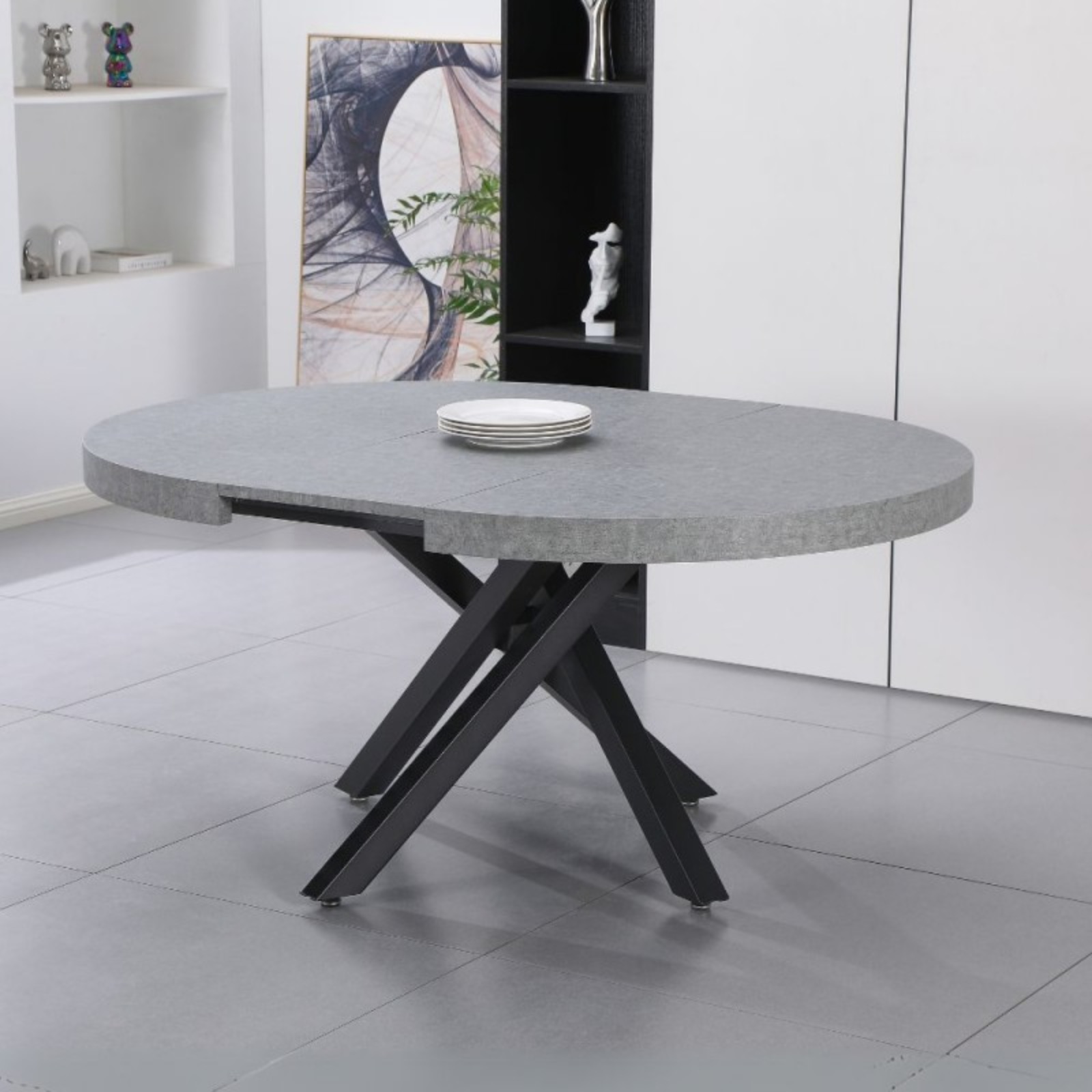 Tavolo da pranzo rotondo allungabile piano in mdf cemento e base in metallo - Ravem