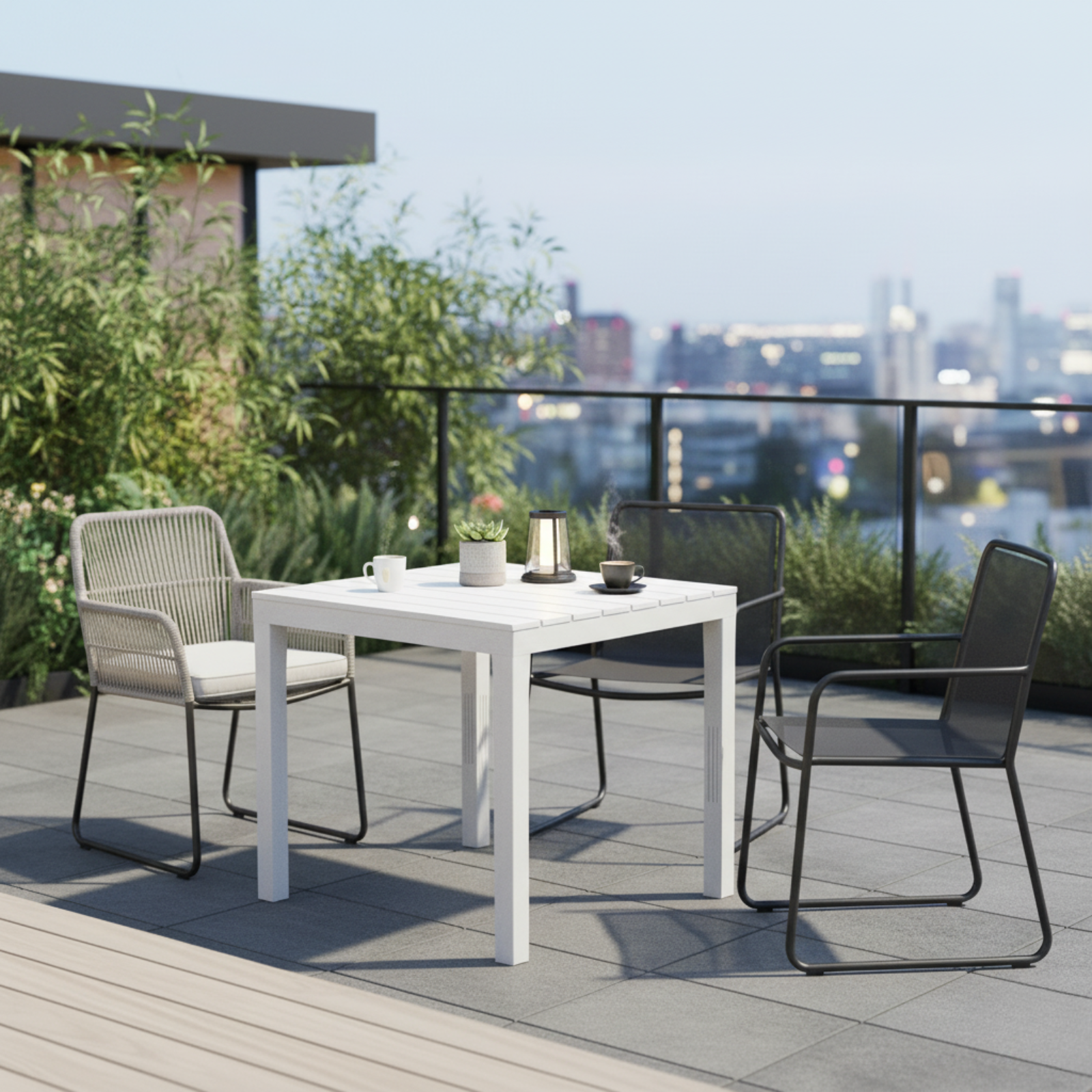 Tavolo da pranzo "Bali" quadrato in resina con piano doghe effetto legno 78x78x72