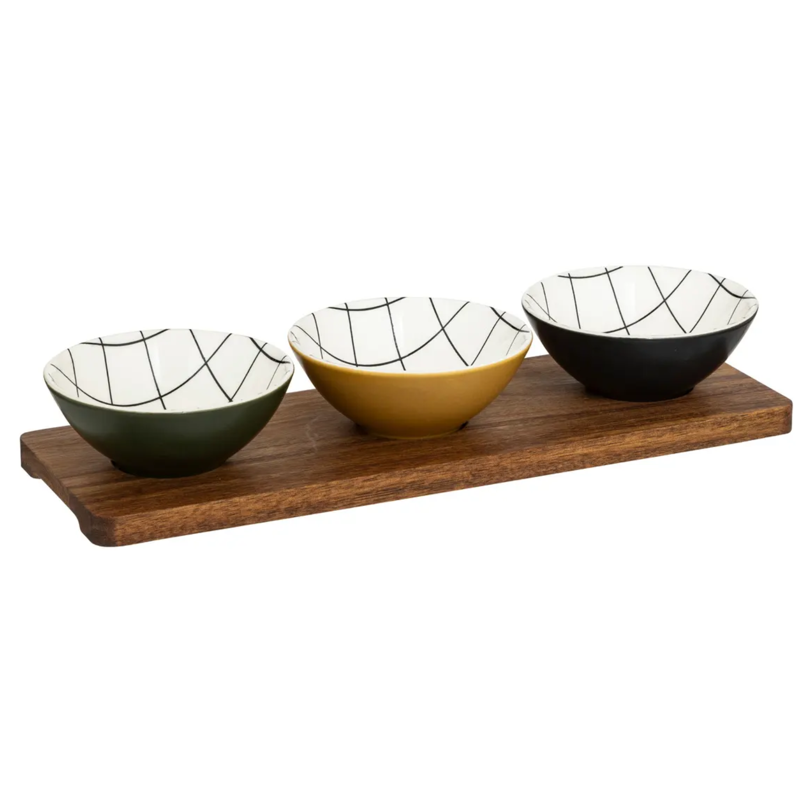 Set apertivo 3pz in ceramica e supporto in legno di acacia