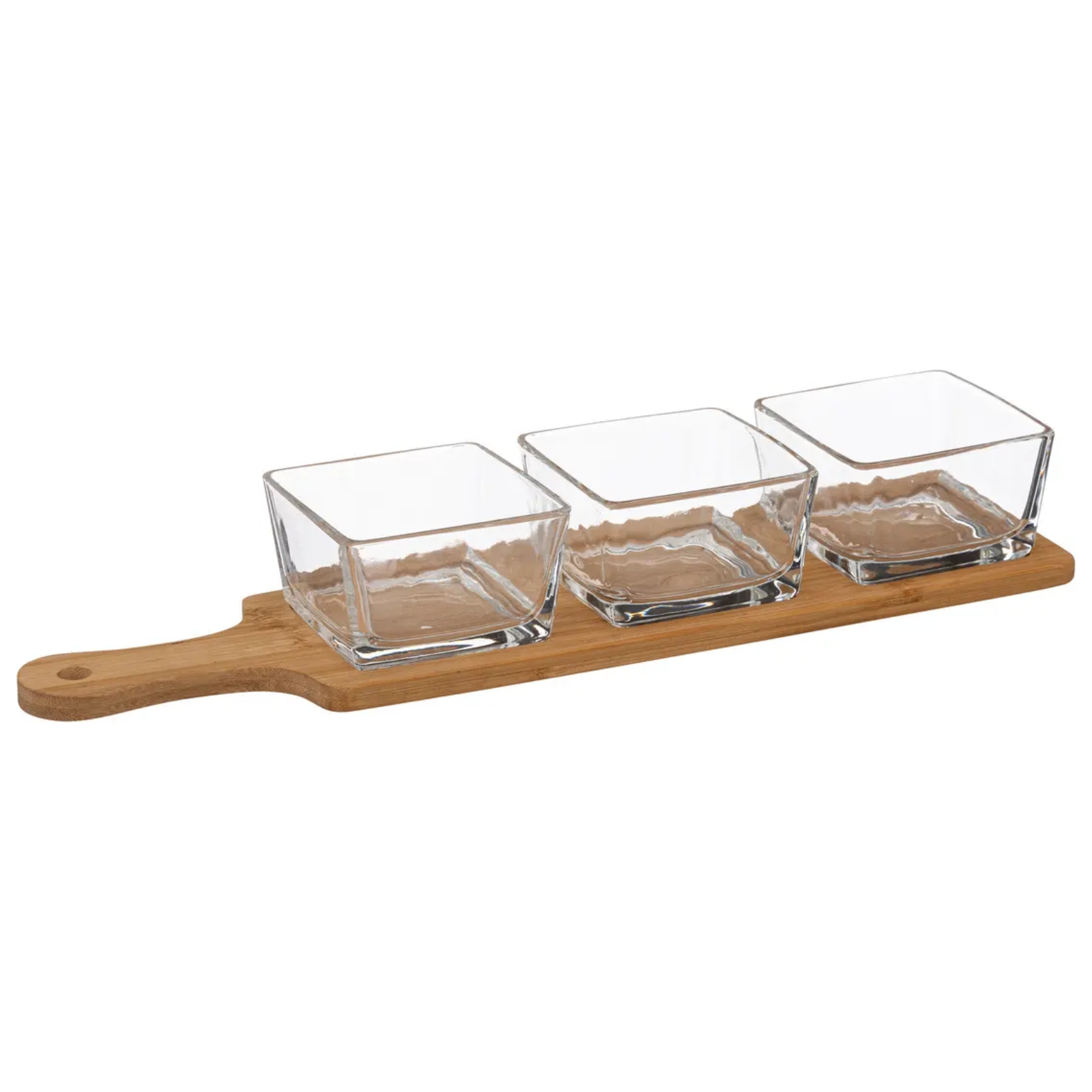 Set aperitivo 3pz in vetro con supporto in bambù