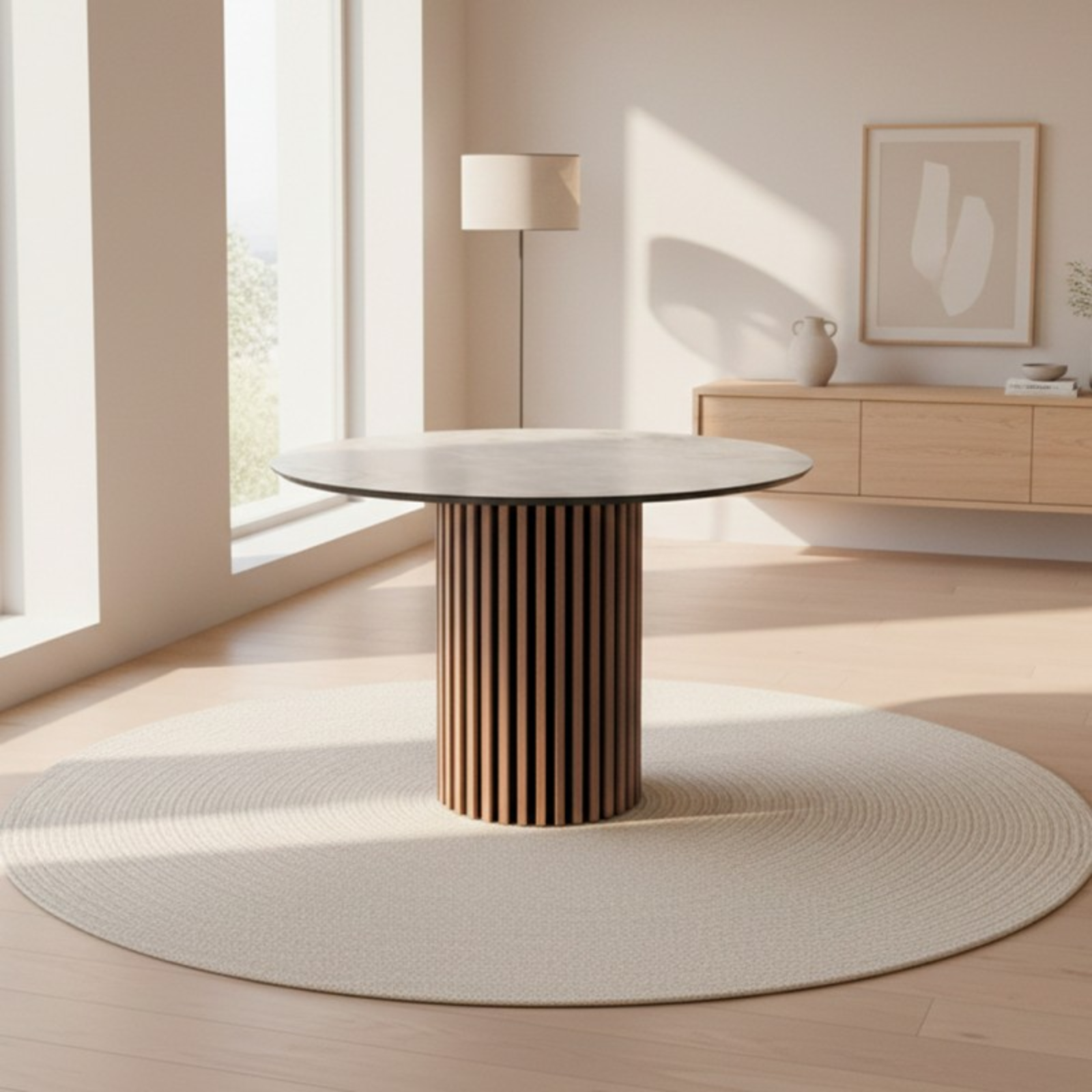 Tavolo rotondo piano in MDF base in legno cannettata design moderno ø110x76 cm - Olympus