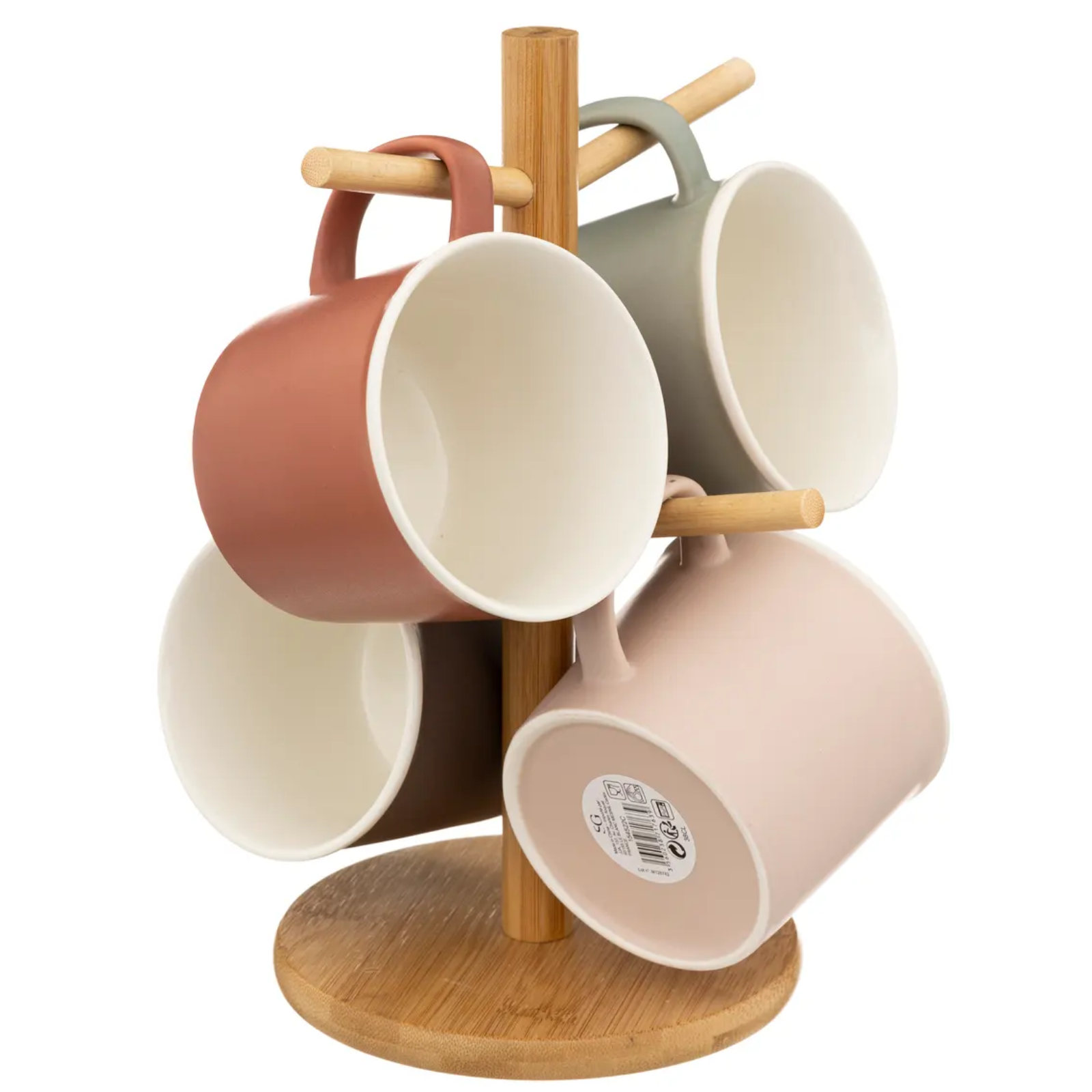 Set 4 tazze da caffè in porcellana multicolor con supporto in legno