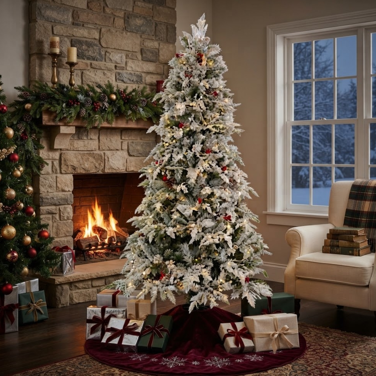 Albero di natale floccato in PE e PVC con pigne bacche e luci led - Sole