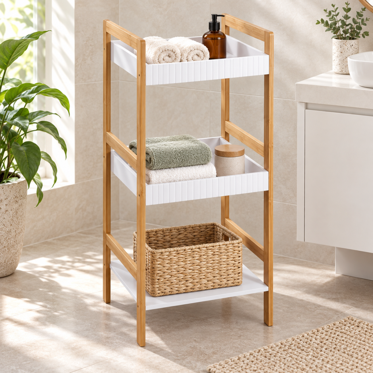 Scaffale multiuso in mdf e bambù con ripiani