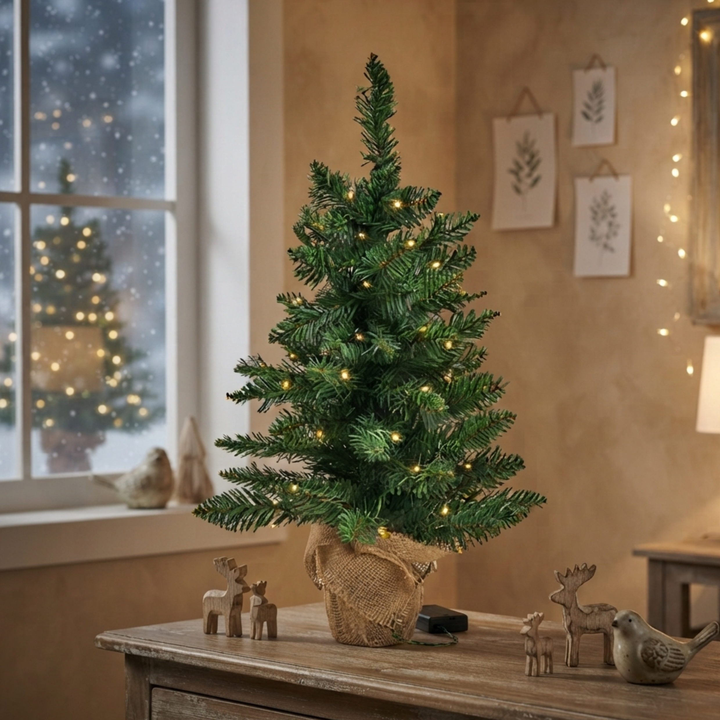 Alberello natalizio con base in juta verde con luci led 60 cm