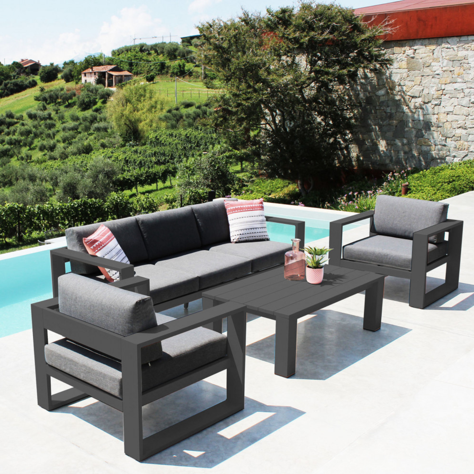 Salottino da esterno in alluminio verniciato antracite con cuscini - Knoxville