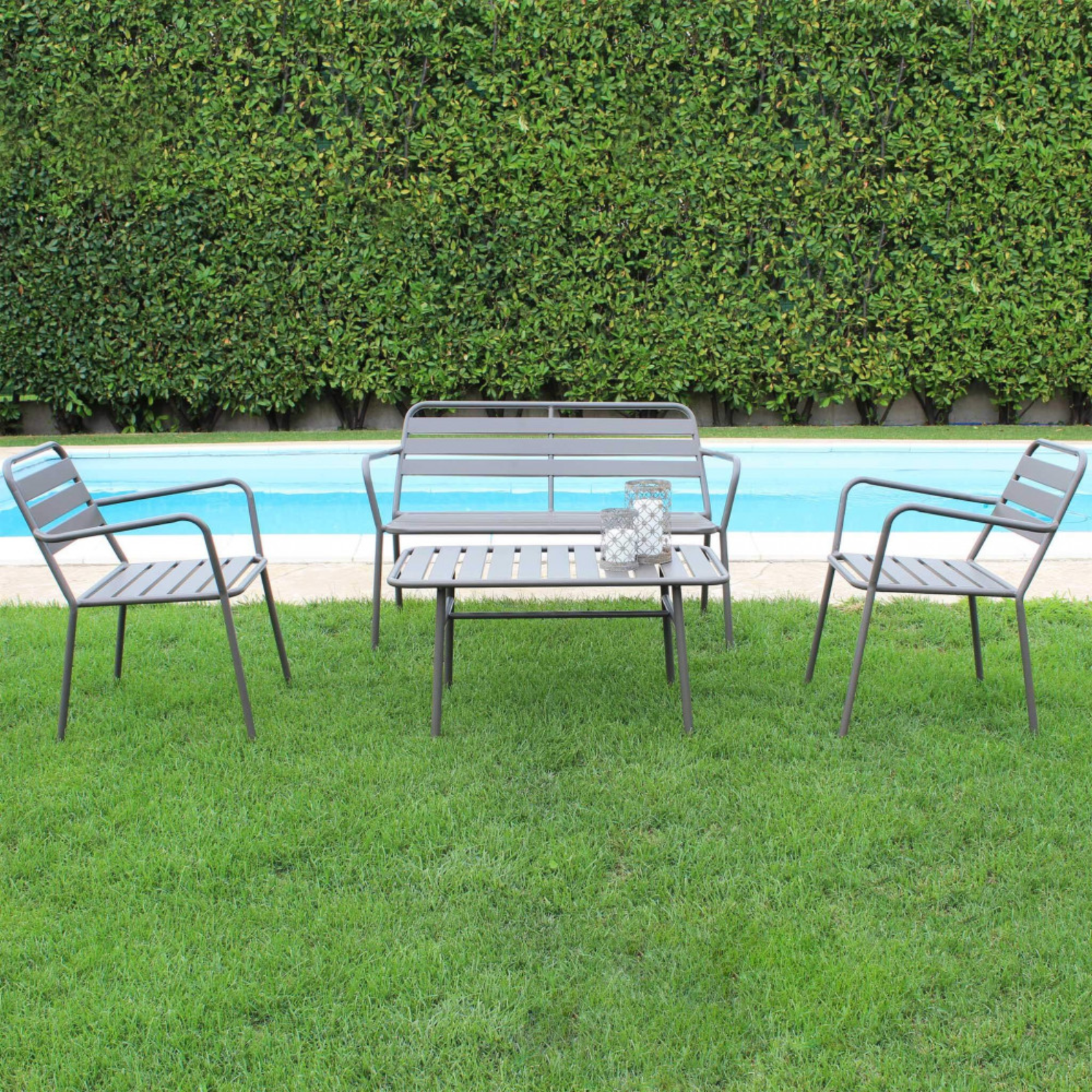 Salottino da esterno design moderno a doghe in metallo taupe 4 posti - Bristol