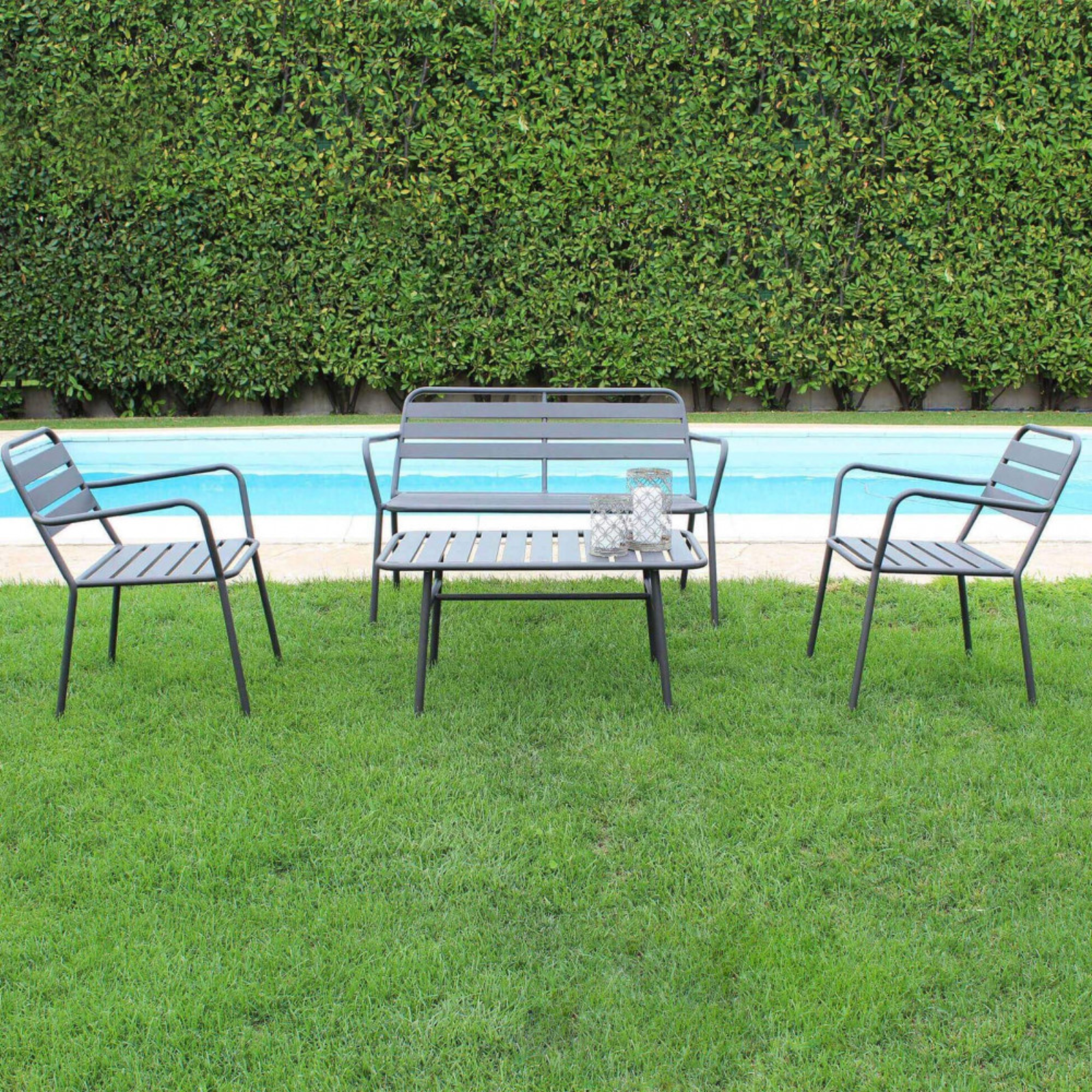 Salottino da esterno design moderno a doghe in metallo grigio 4 posti - Bristol