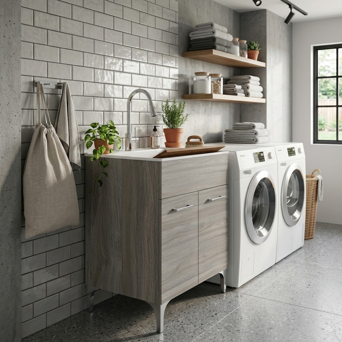 Mobile bagno lavatoio in mdf idrofugo con 2 ante e maniglie - Savi rovere grigio