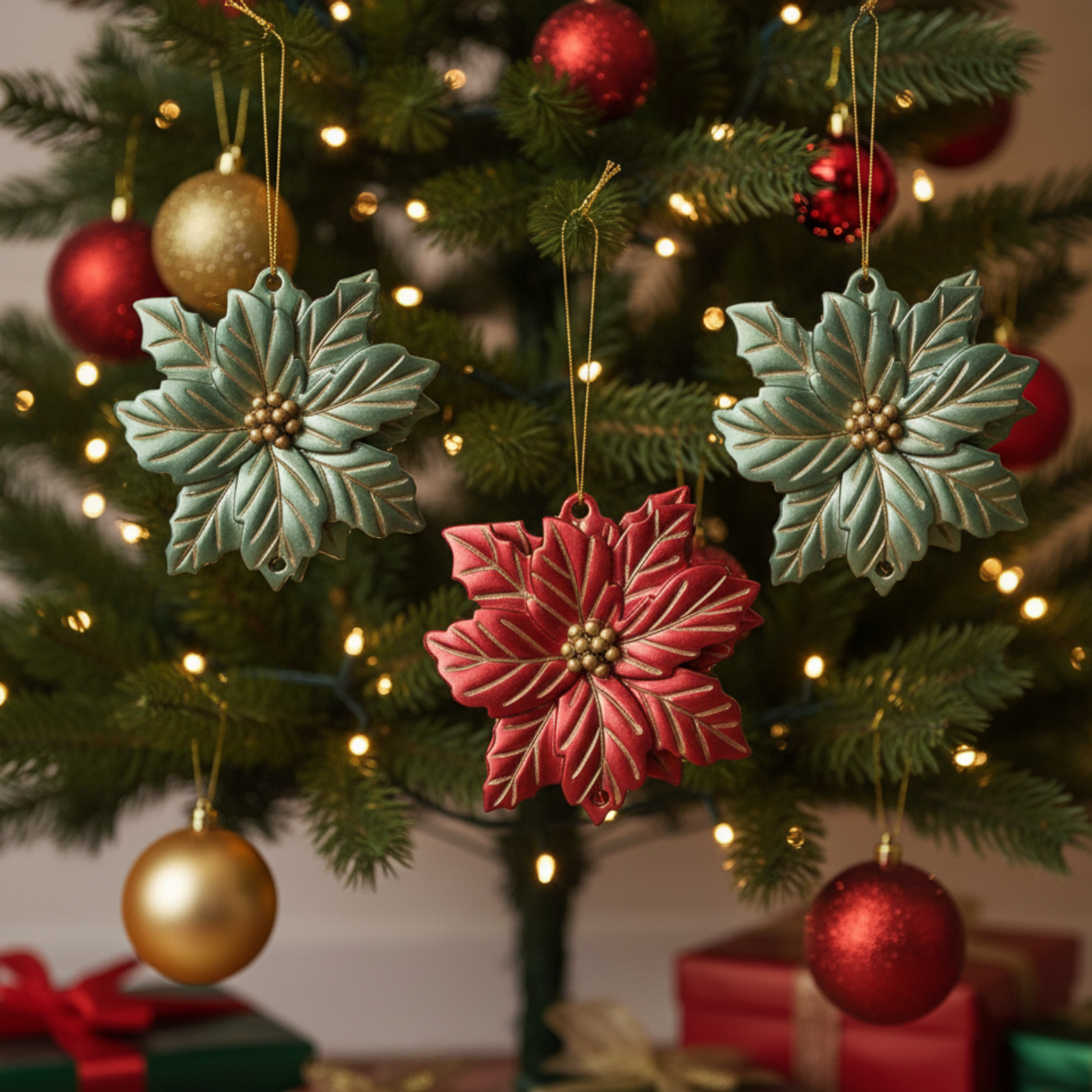 Set 6 Pz Pendagli per albero di natale poinsettia colorazione assortita