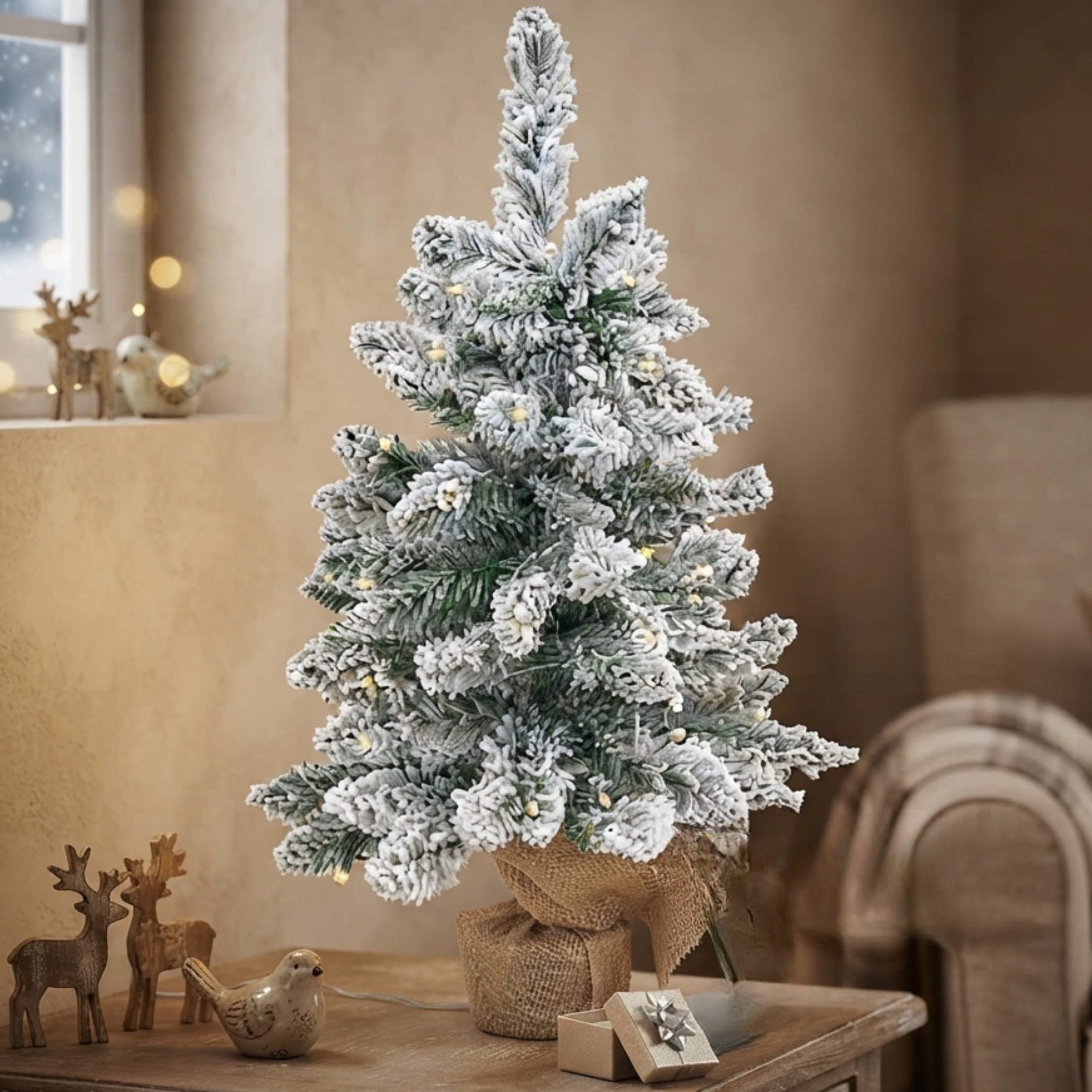 Alberello natalizio con base in juta innevato con luci led - Innevi