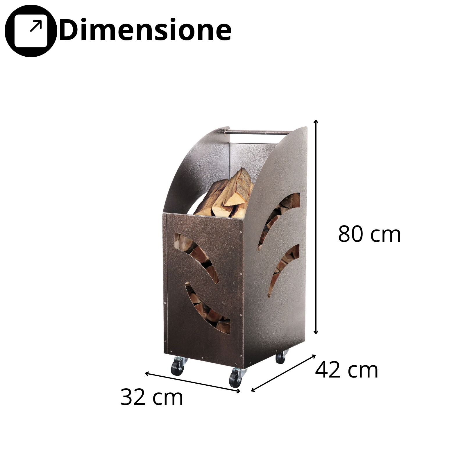 Porta legna a carrello in acciaio verniciato con manico e ruote per camino - Fuos