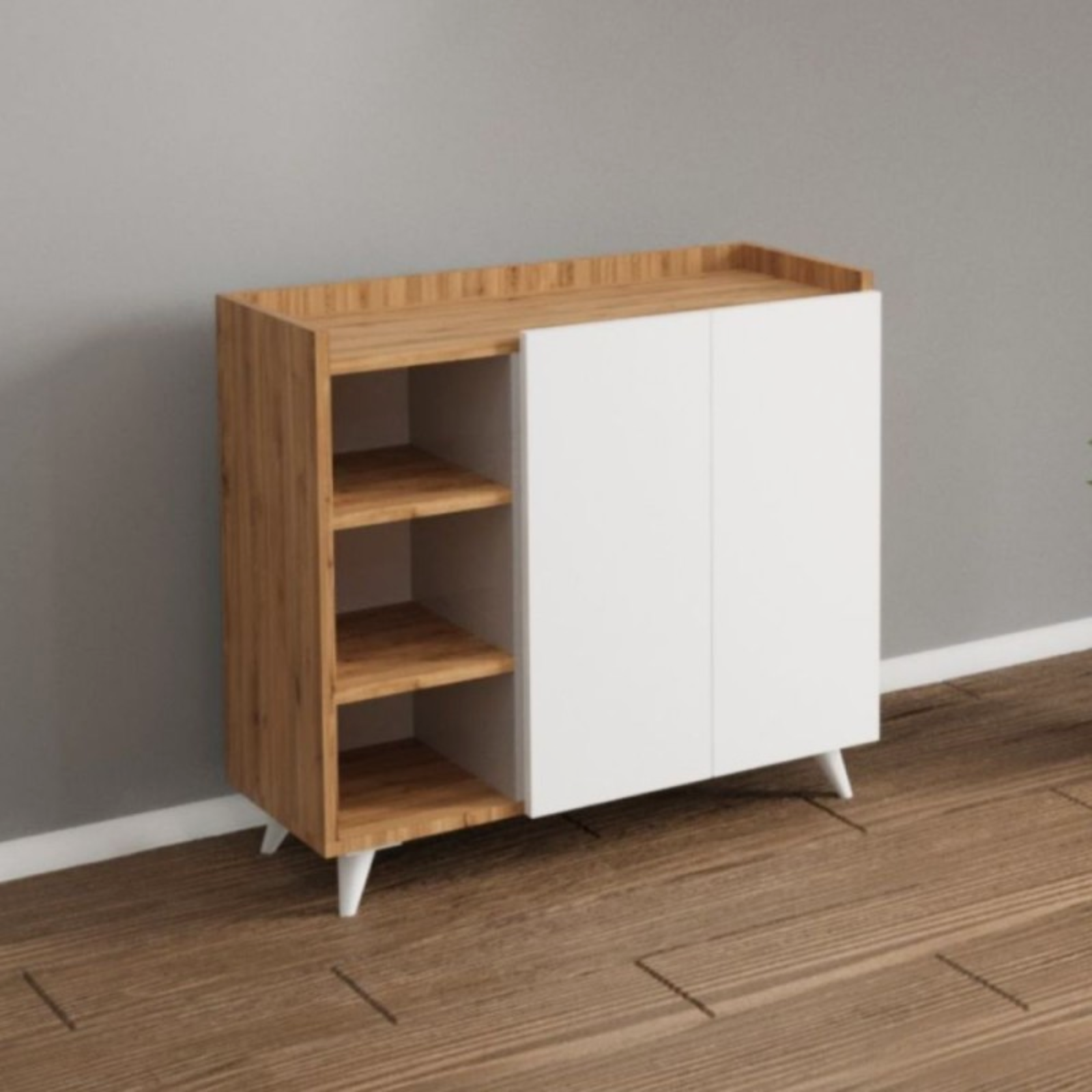 Madia moderna con vani a giorno e ante bianco e rovere - Alari