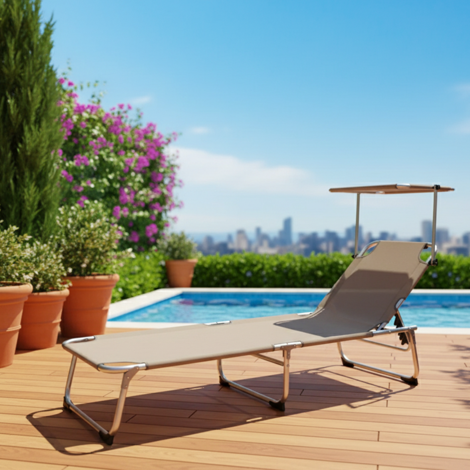 Lettino prendisole in alluminio e textilene tortora con parasole - Papilo