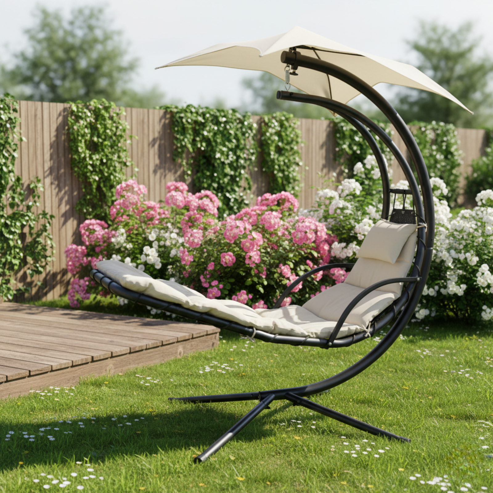 Lettino a dondolo in acciaio e poliestere 180gr/mq con cuscini - Leaf