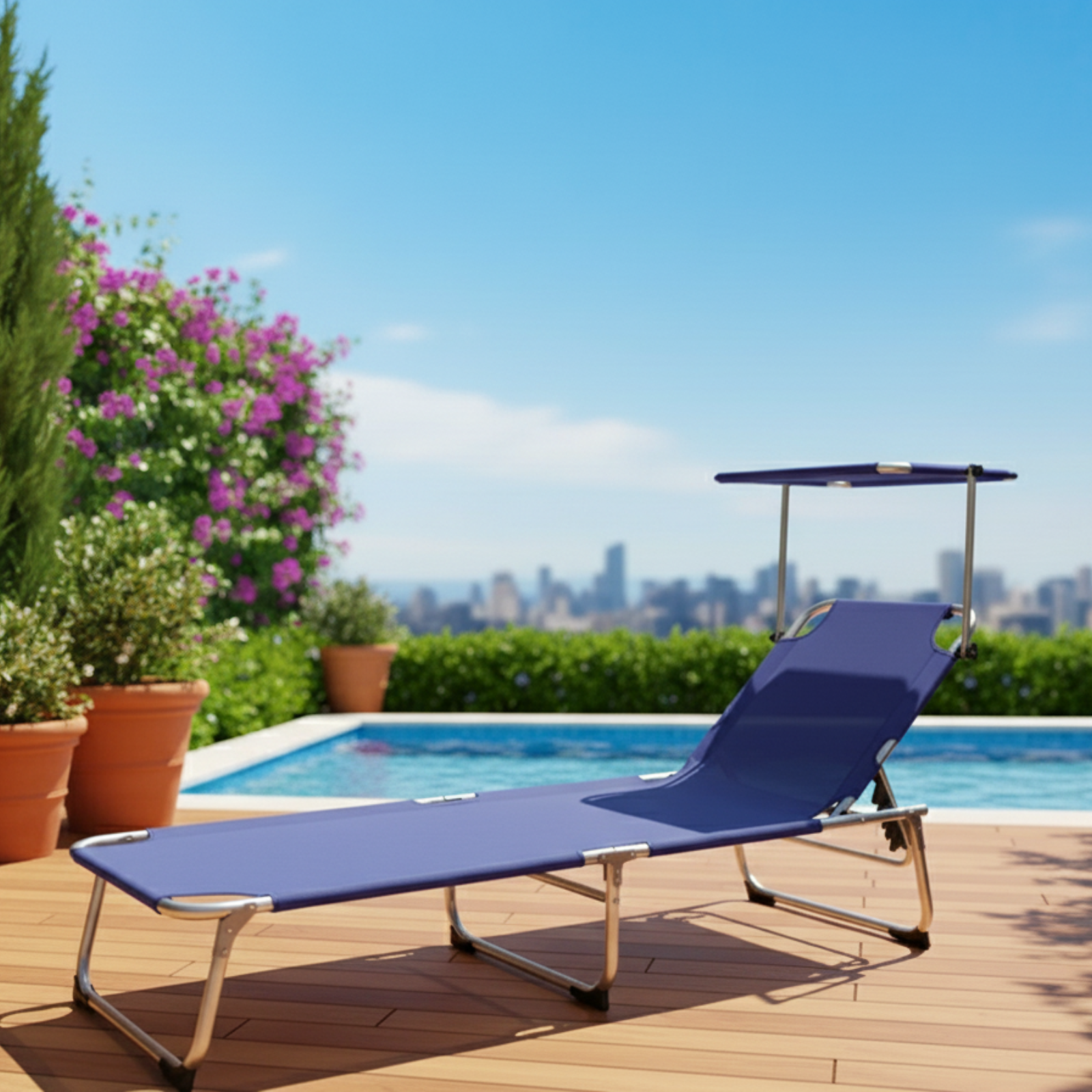 Lettino prendisole in alluminio e textilene blu con parasole - Papilo