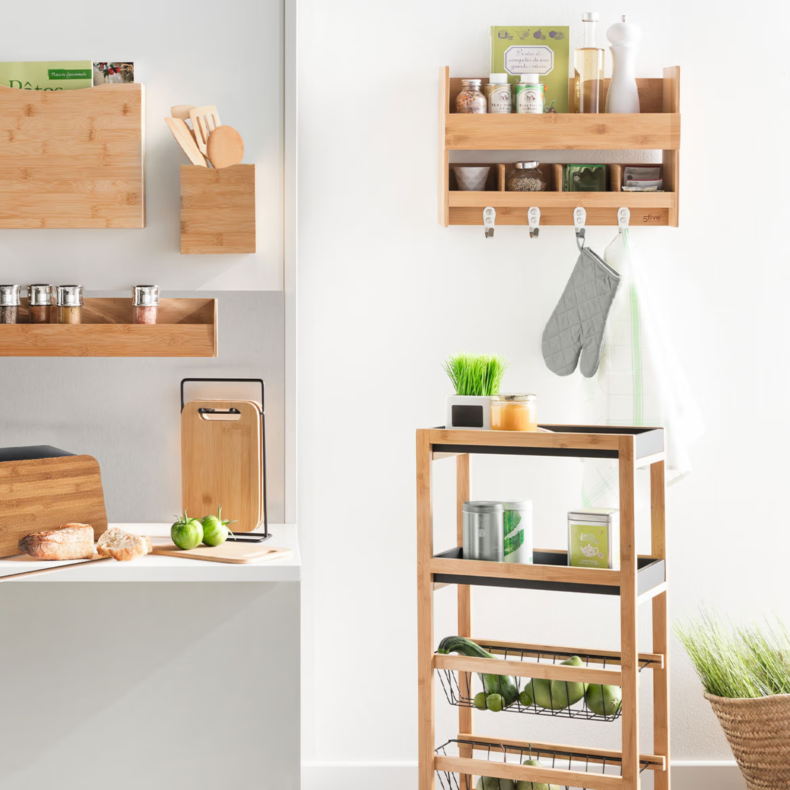 Carrello da cucina salvaspazio 3 ripiani con ruote in bambù - Baki