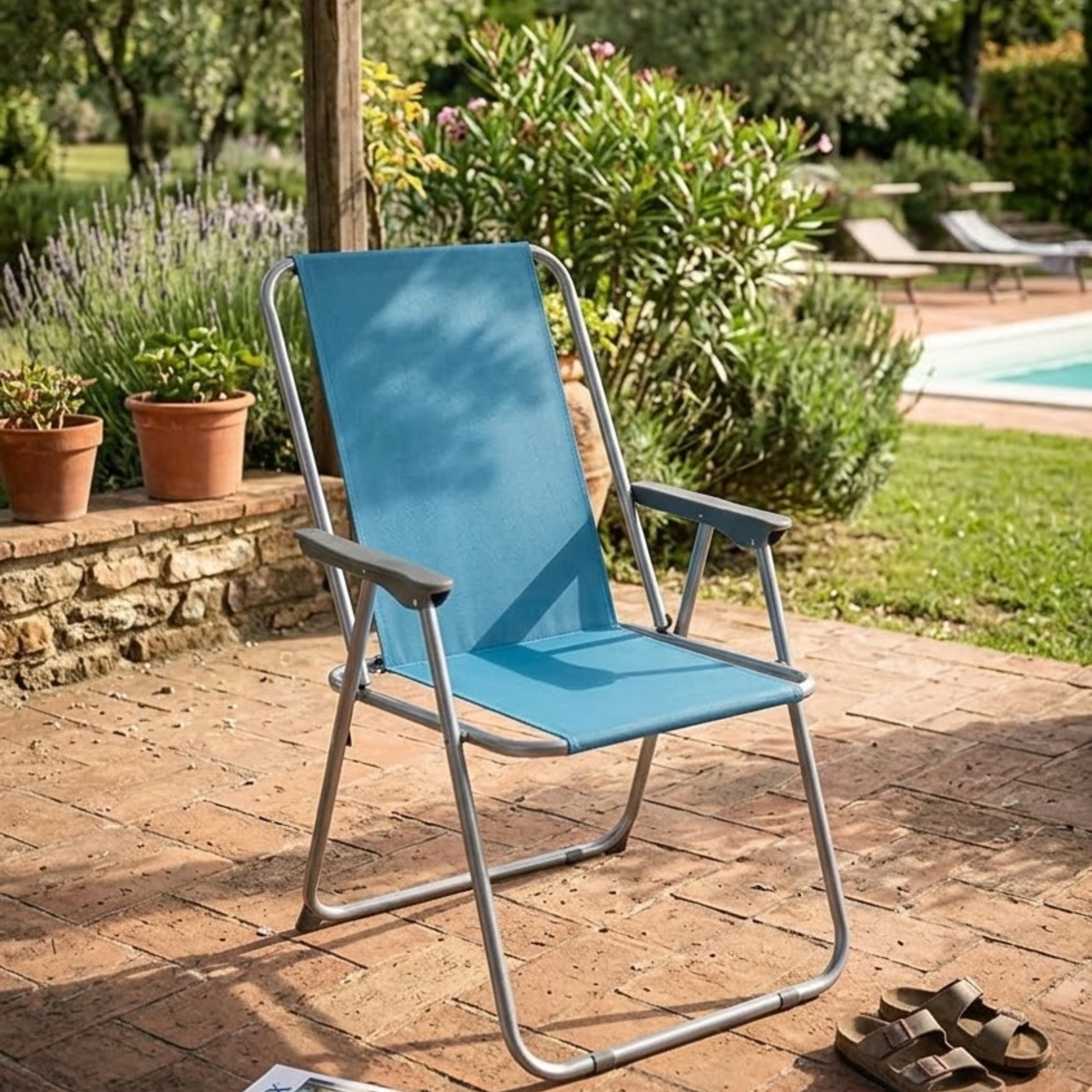 Sedia Sdraio Pieghevole in Metallo Verniciato e Tessuto Oxford 600D Spiaggina Schienale Alto