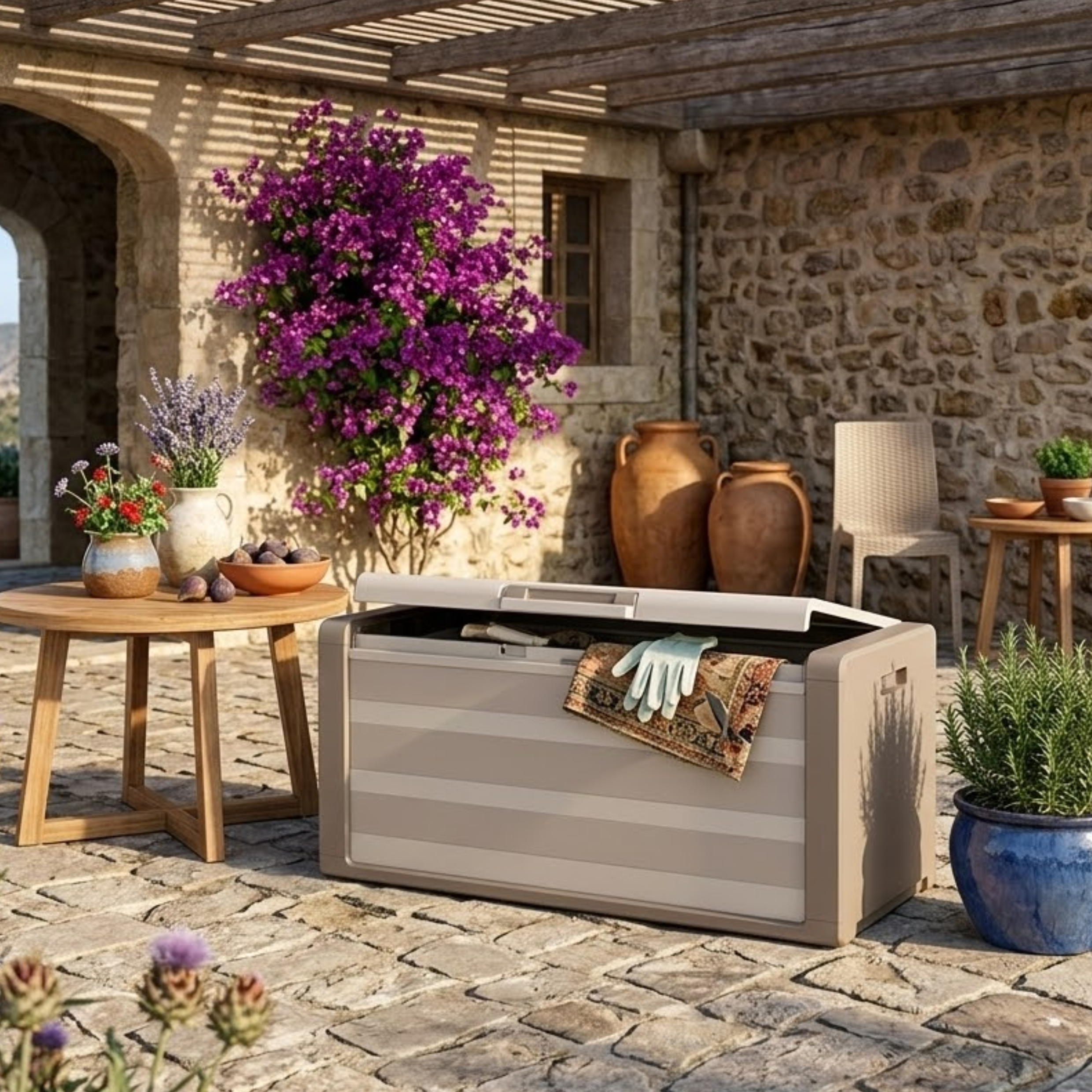 Baule cassapanca in resina sabbia lucchettabile portaoggetti 118x49x55 cm