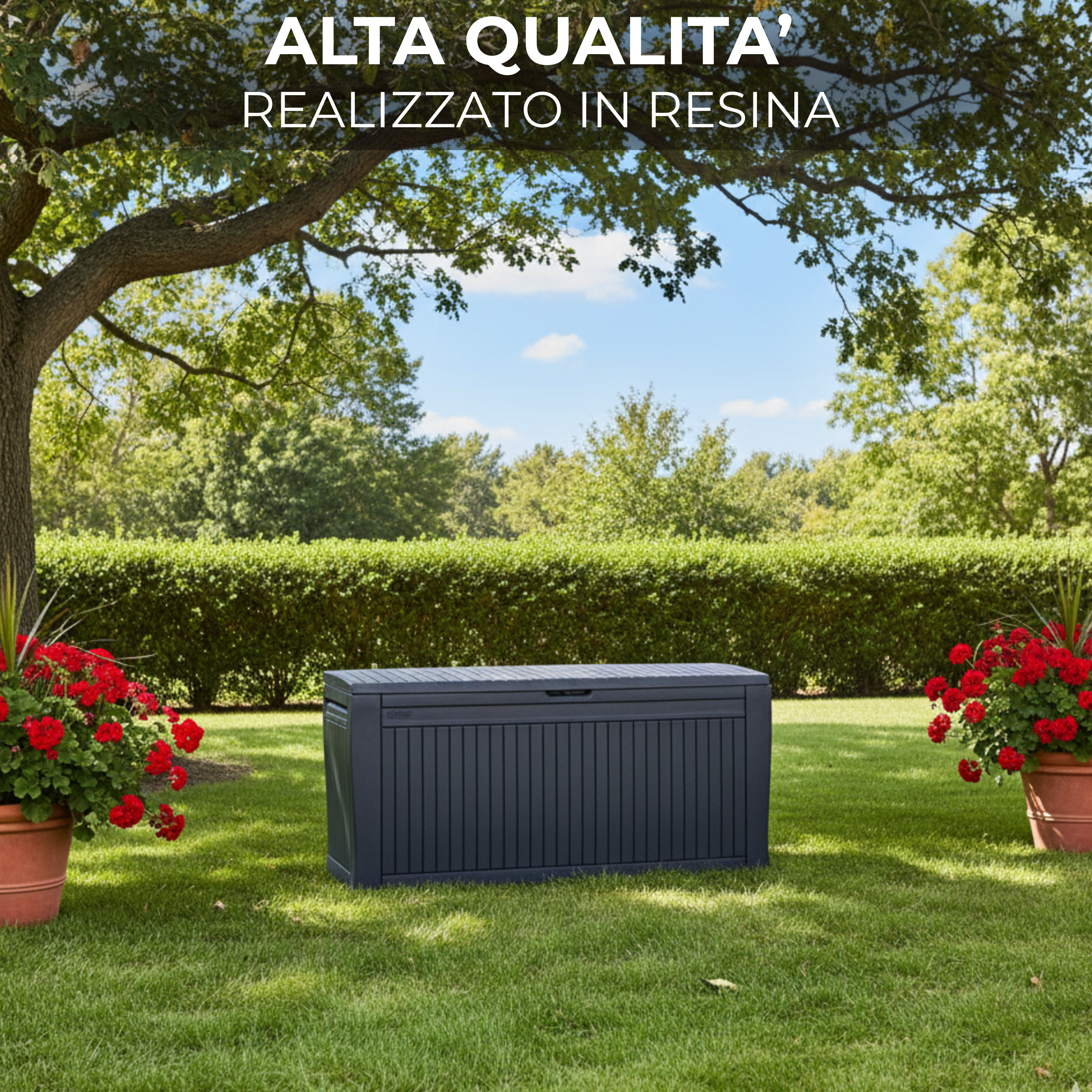 Baule cassapanca in resina 270LT con maniglie e ruote fornito in kit 117x45x57 cm