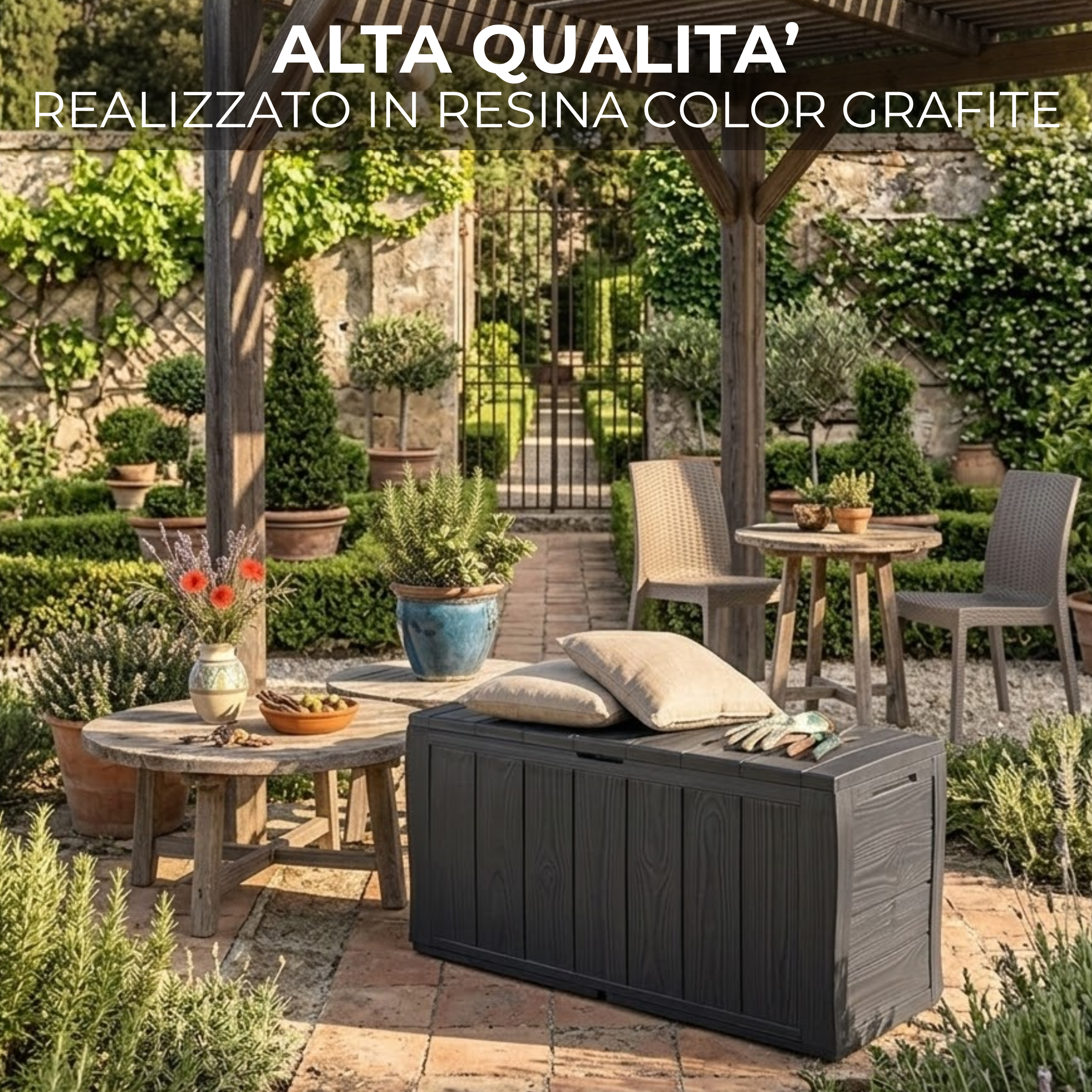 Baule cassapanca in resina grafite 270LT con maniglie e ruote 117x45x57,5 cm