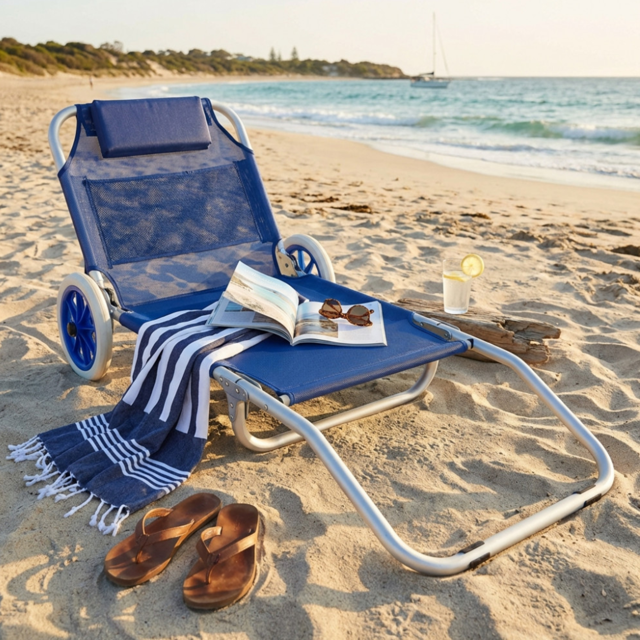 Spiaggina Mare Pieghevole a Carrello Con Ruote Struttura in Metallo e Tessuto in Textilene 1x1 Colorazione Assortita