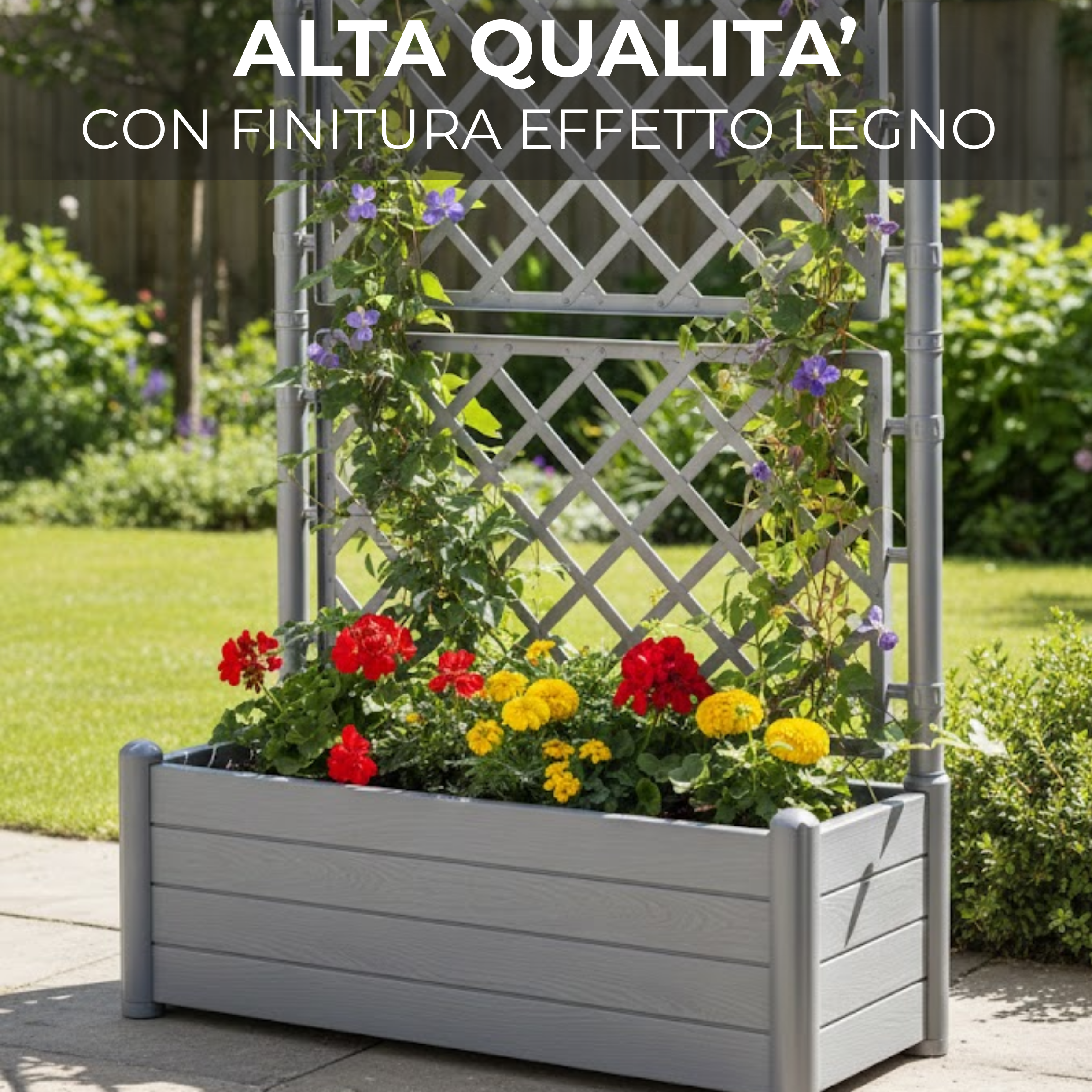 Fioriera con spalliera rettangolare in plastica finitura effetto legno per interno o esterno