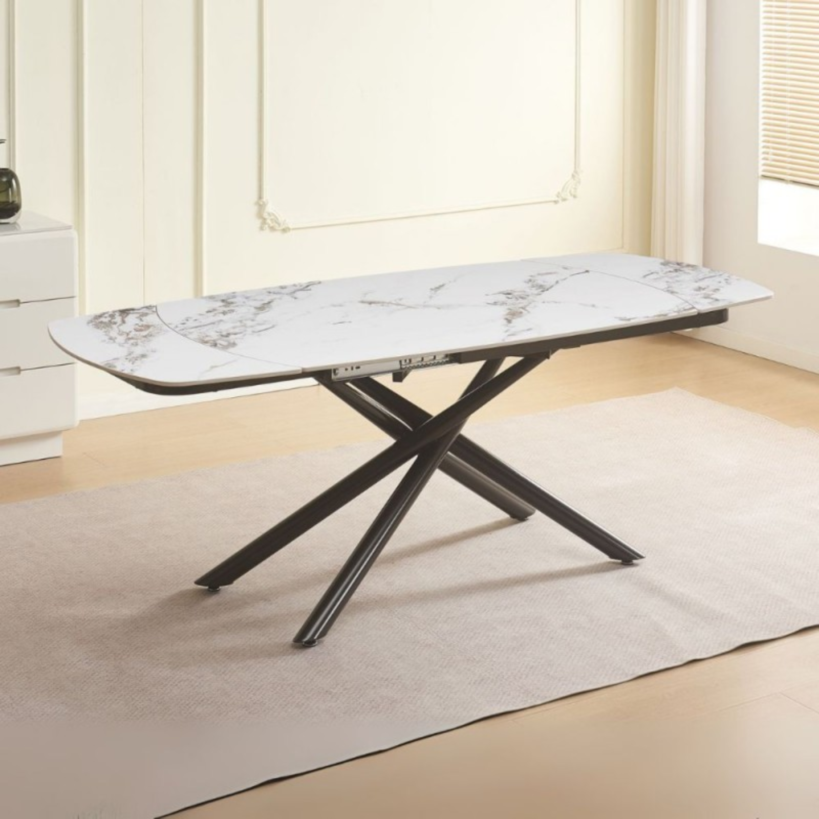 Tavolo da pranzo girevole piano in cermica effetto marmo gambe in metallo 140x200x90 cm- Astrid