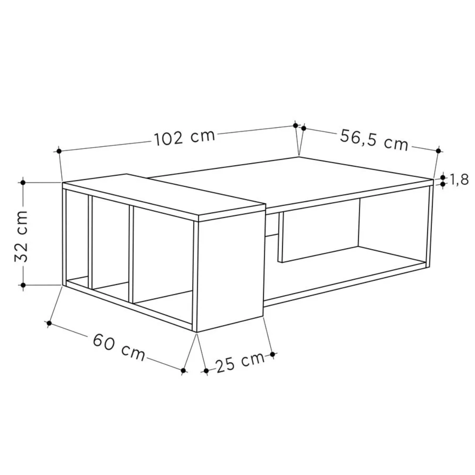 Tavolino da salotto design moderno rettangolare in legno con 4 vani a giorno biancoù