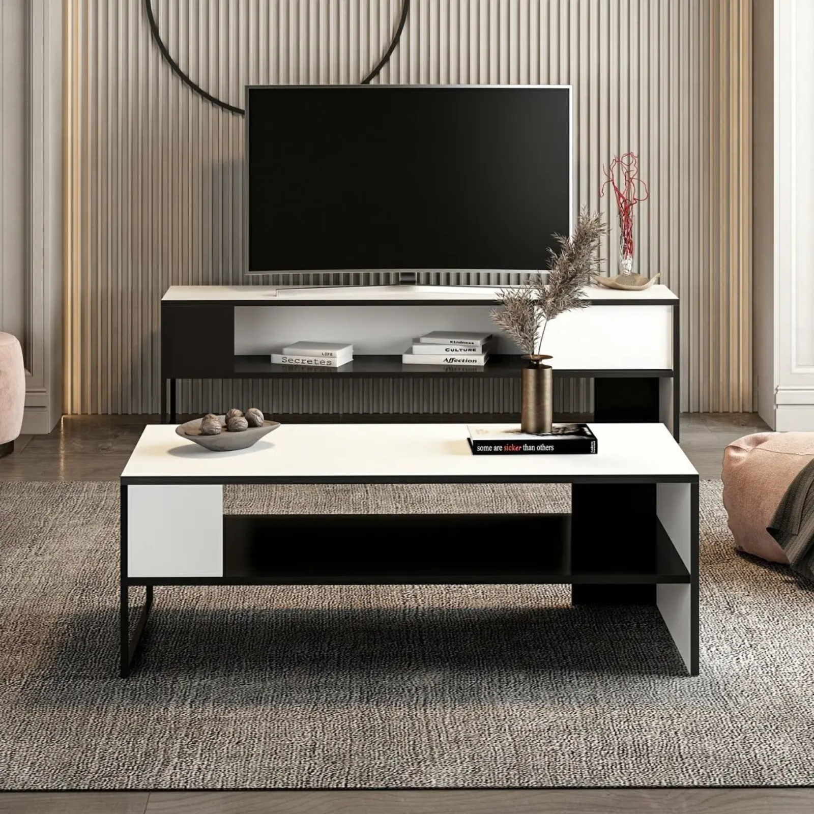 Tavolino rettangolare con ripiano inferiore struttura in metallo nero e piano in truciolare