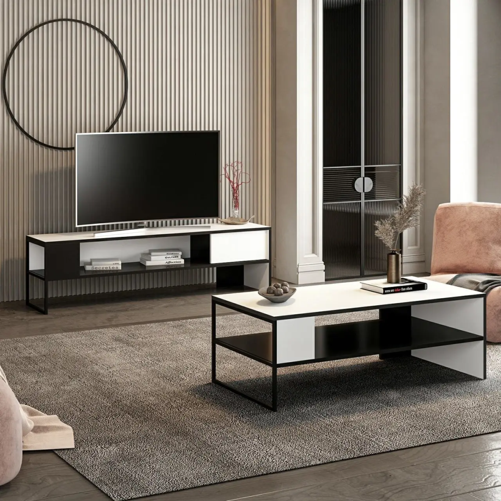 Tavolino rettangolare con ripiano inferiore struttura in metallo nero e piano in truciolare