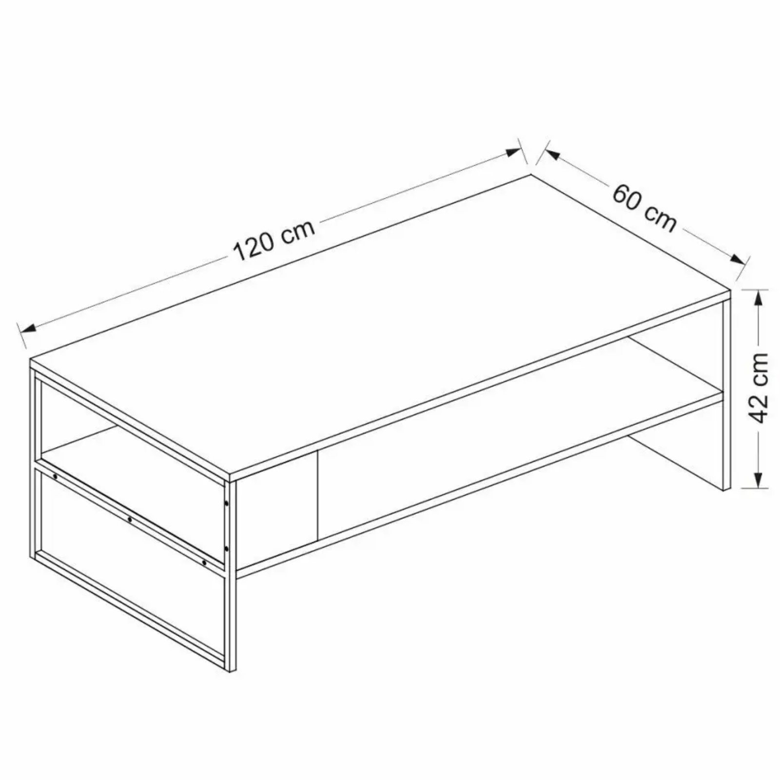 Tavolino rettangolare con ripiano inferiore struttura in metallo nero e piano in truciolare 
