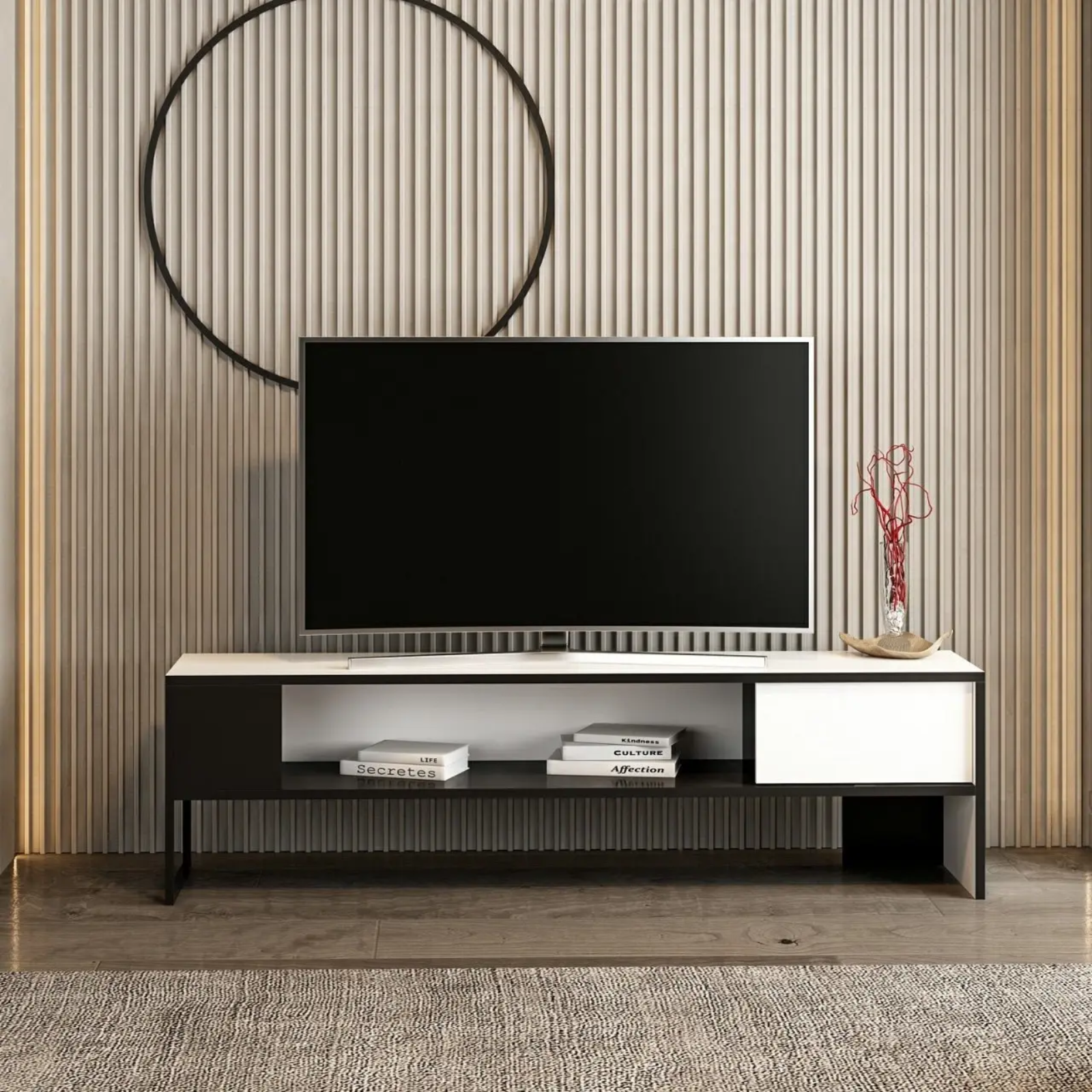 Mobile Porta Tv "James" design moderno struttura in metallo con 1 ripiano inferiore nero e 1 ripiano superiore bianco