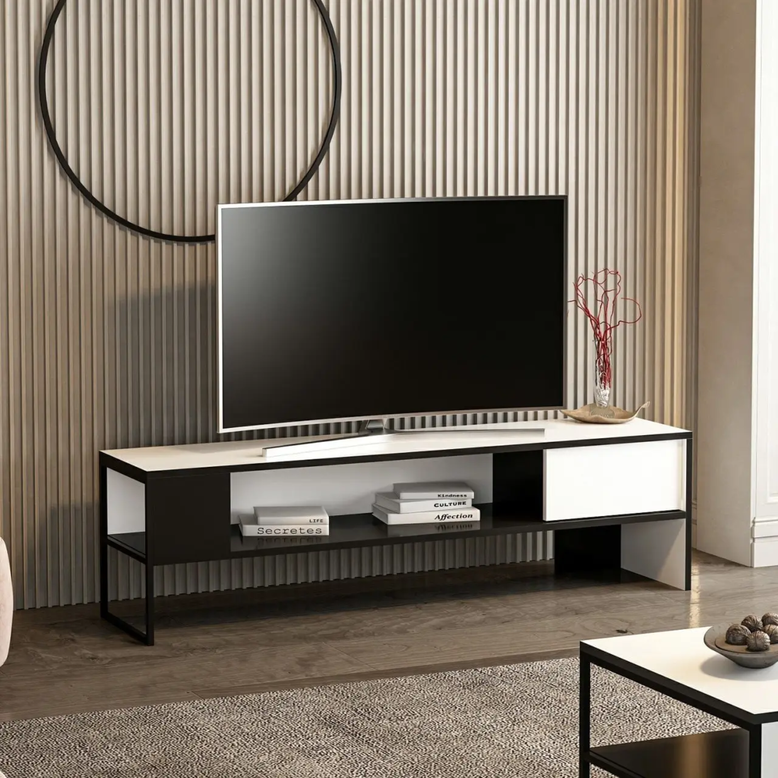 Mobile Porta Tv "James" design moderno struttura in metallo con 1 ripiano inferiore nero e 1 ripiano superiore bianco