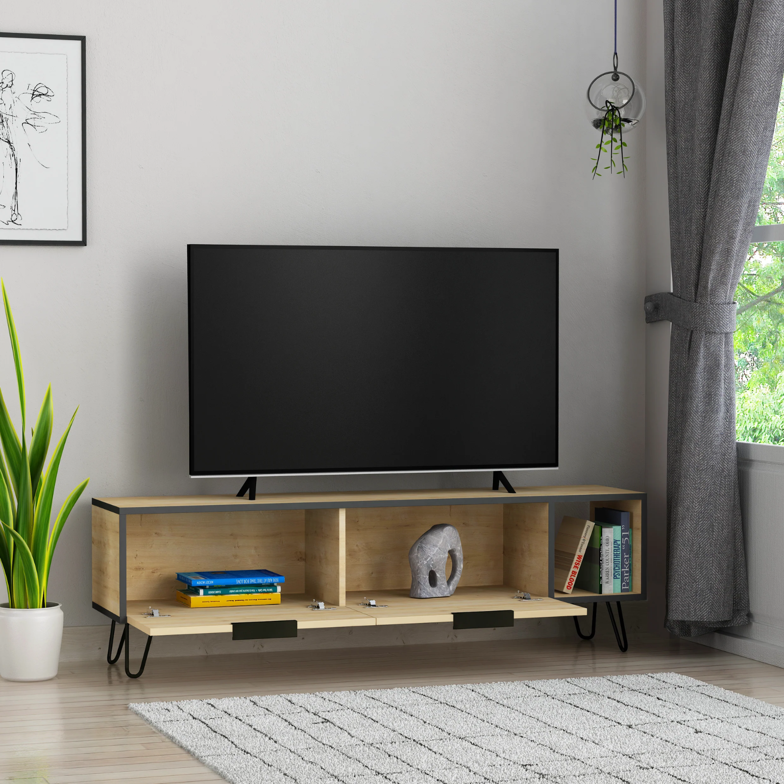 Mobile Porta Tv rovere design moderno con 2 ante a ribalta e 1 vano a giorno piedini in metallo nero verniciato