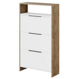 Scarpiera salvaspazio in legno con 3 ante a ribalta doppio ripiano dotato di vano a giorno per oggetti decorativi