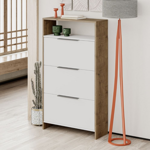 Scarpiera salvaspazio in legno con 3 ante a ribalta doppio ripiano dotato di vano a giorno per oggetti decorativi