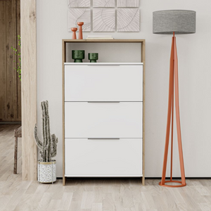 Scarpiera salvaspazio in legno con 3 ante a ribalta doppio ripiano dotato di vano a giorno per oggetti decorativi