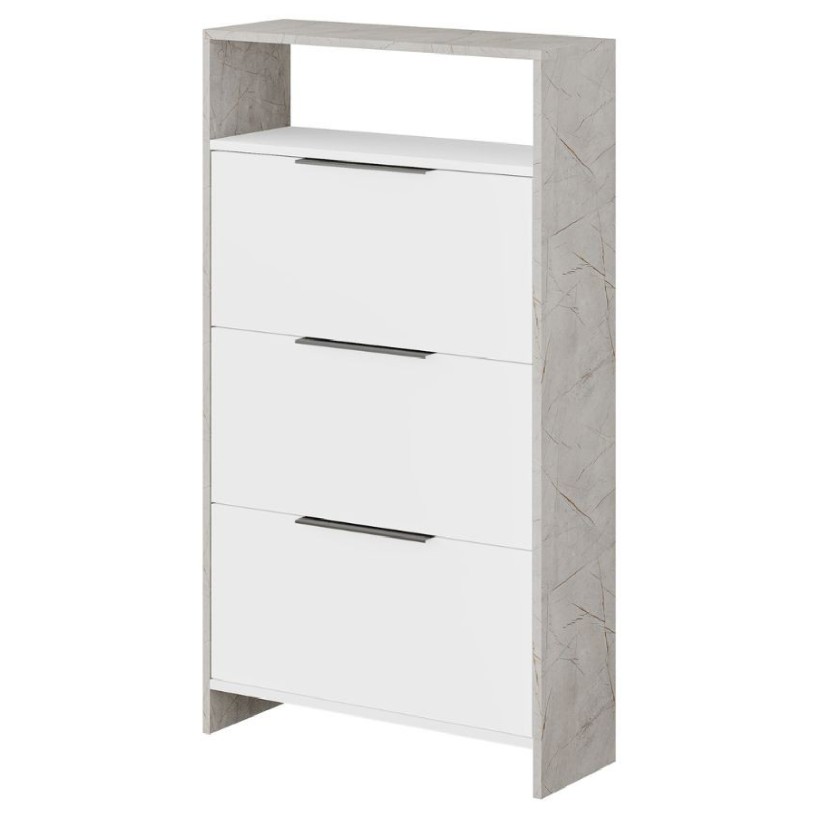 Scarpiera salvaspazio in legno con 3 ante a ribalta doppio ripiano dotato di vano a giorno per oggetti decorativi