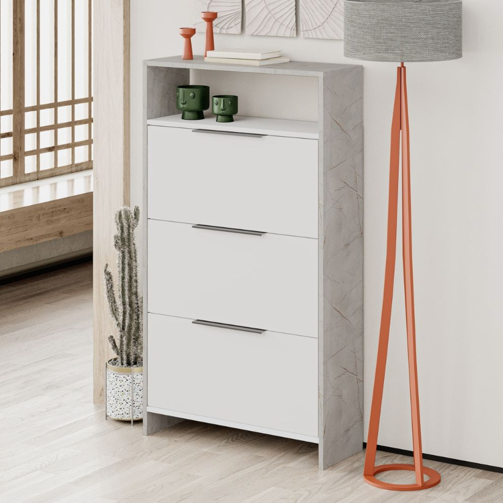 Scarpiera salvaspazio in legno con 3 ante a ribalta doppio ripiano dotato di vano a giorno per oggetti decorativi