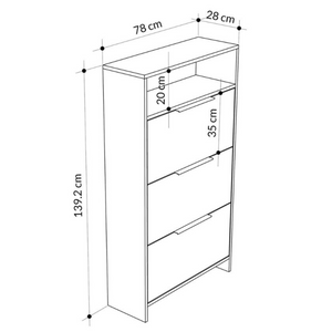 Scarpiera salvaspazio in legno con 3 ante a ribalta doppio ripiano dotato di vano a giorno per oggetti decorativi