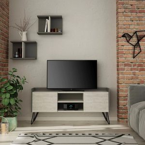 Mobile Porta Tv con 2 ante 1 vano a giorno e mensole da parete design moderno con gambe in metallo verniciato nero
