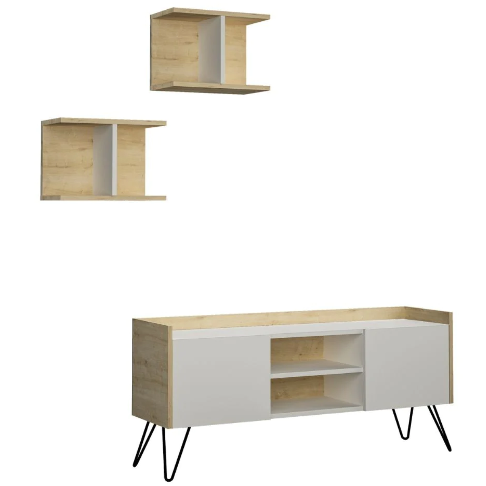 Mobile Porta Tv con 2 ante 1 vano a giorno e mensole da parete design moderno con gambe in metallo verniciato nero